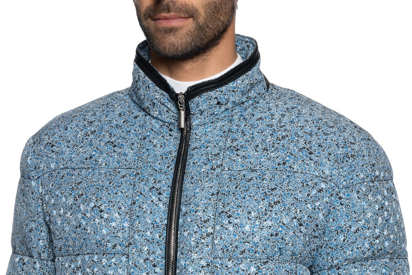 2500$ ITALO FERRETTI Puffer Jacket Blue 100% Silk Water Repellent + Leather Sz L