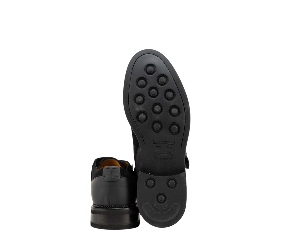 1200$ TESTONI Single Monk Shoes Buckle English Suede Black 8 UK / 9 US / 42 IT