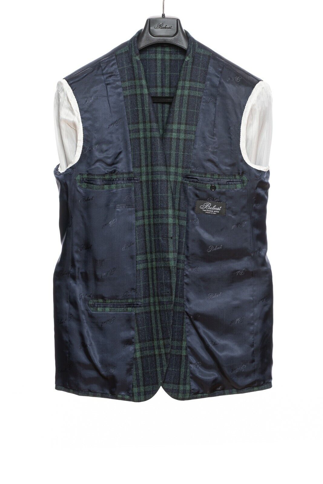 $2450 BELVEST Blue Wool Silk Check Jacket + Vest Double Breasted 44 US 54 EU 6R
