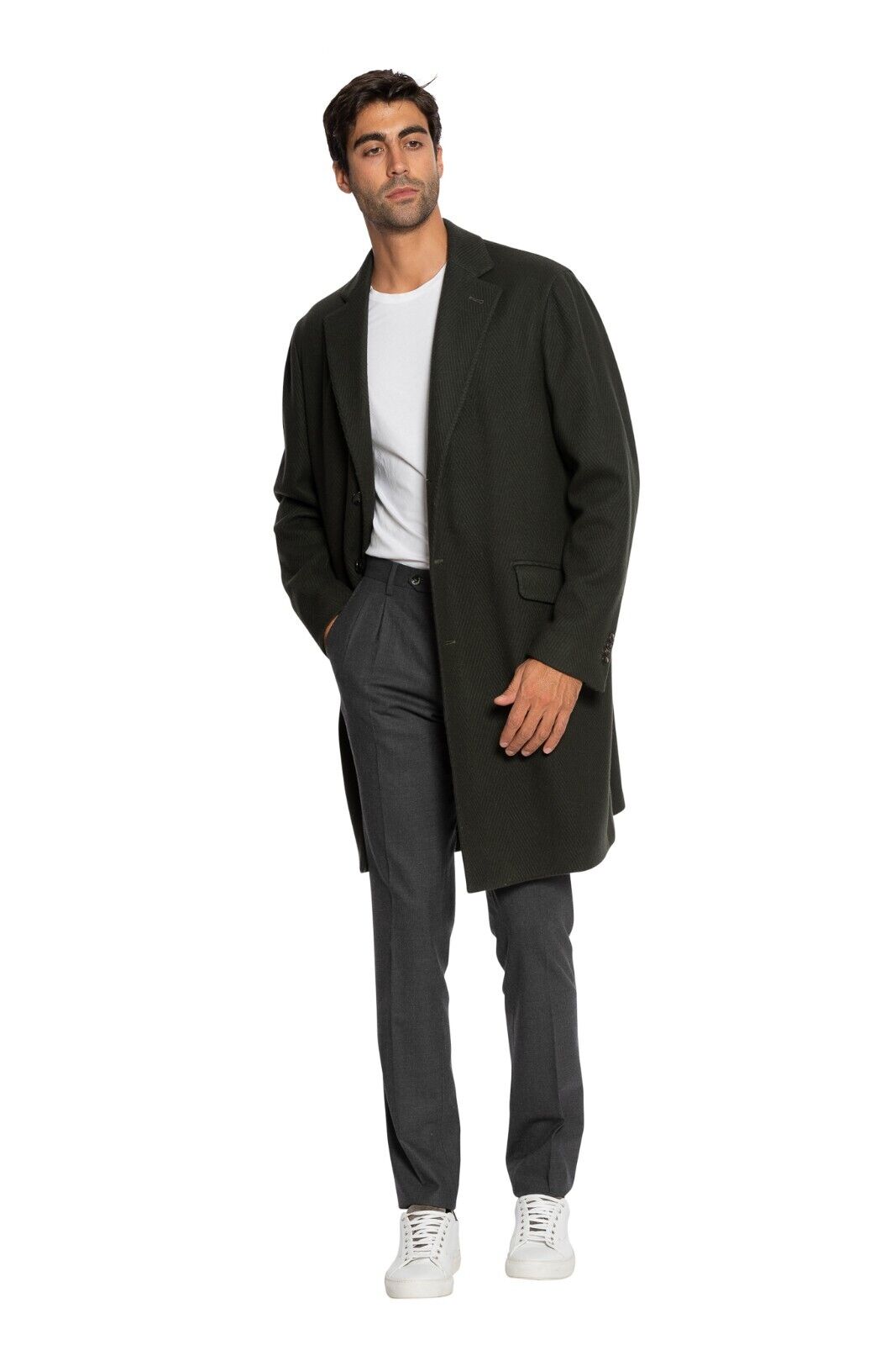 $1600 BOGLIOLI MILANO Dark Green Overcoat Coat Wool Herringbone 40 US / 50 EU