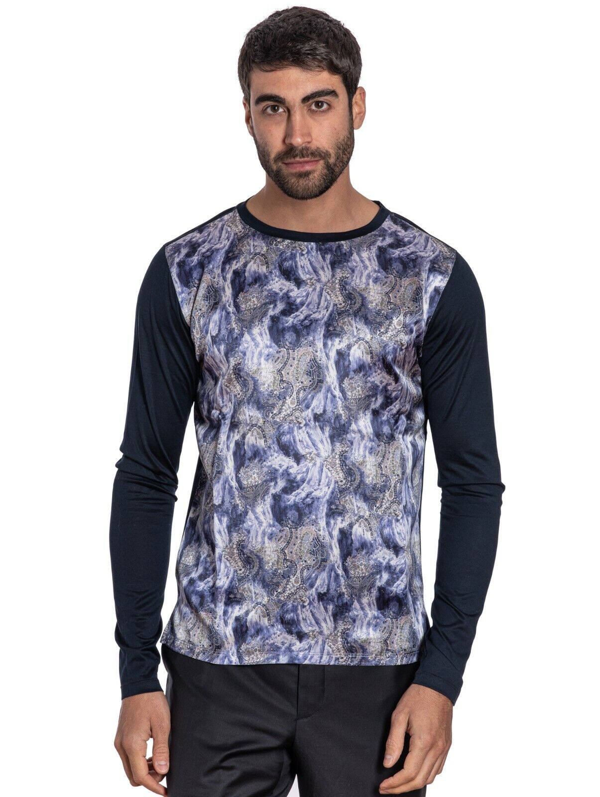 1400$ GERLIN T-Shirt Abstract Blue 100% Silk & Cotton Lisle Size M BIJAN