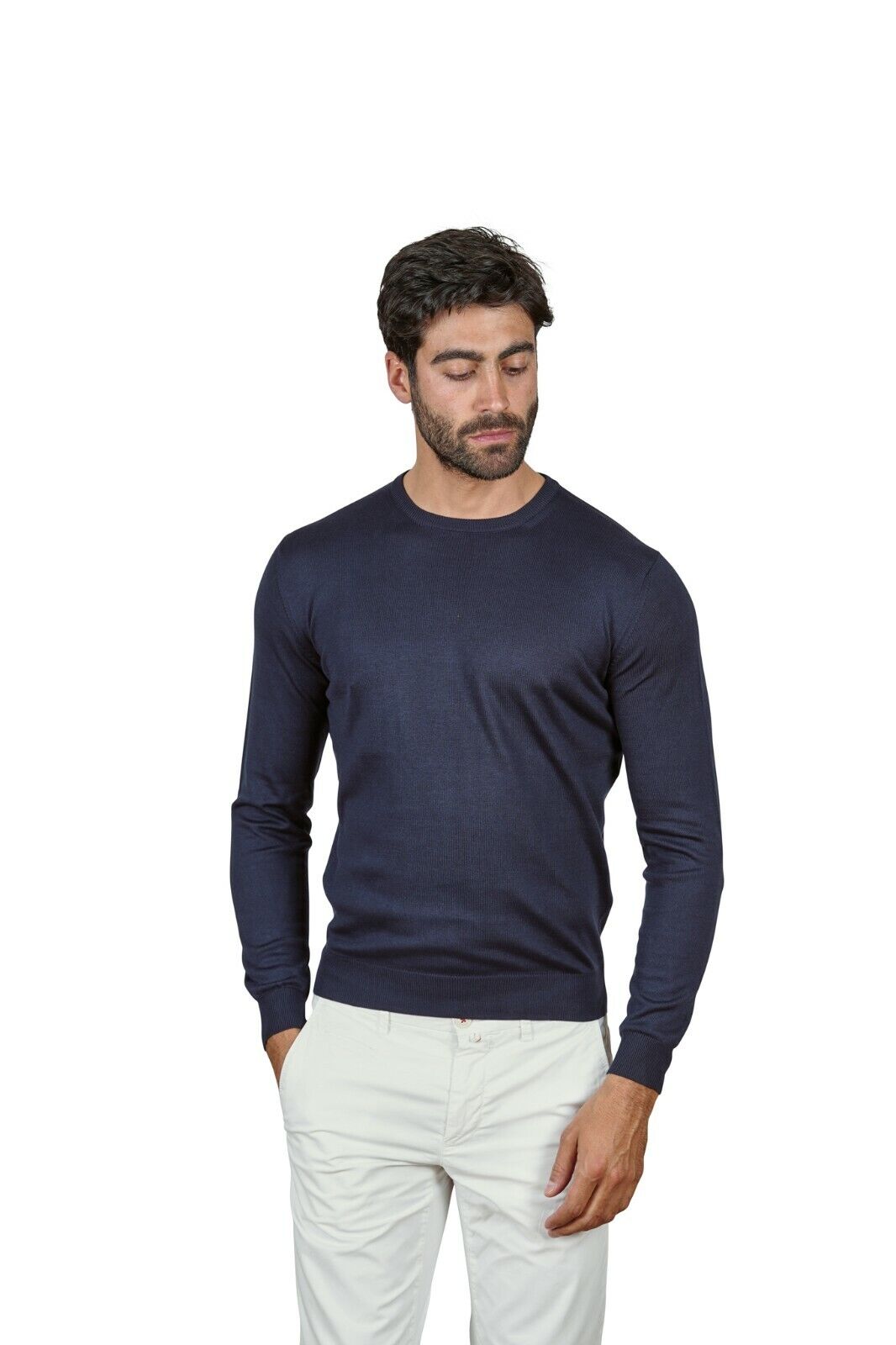 240$ Italian Luxury SUITE 191 Sweater Blue Navy Knit Cotton Long Sleeve