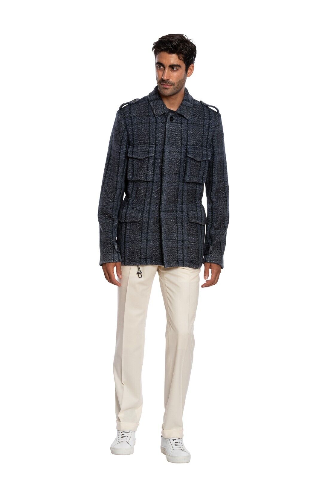 $1900 BOGLIOLI MILANO Blue Safari Coat Check Wool Silk Linen 40 US / 50 EU