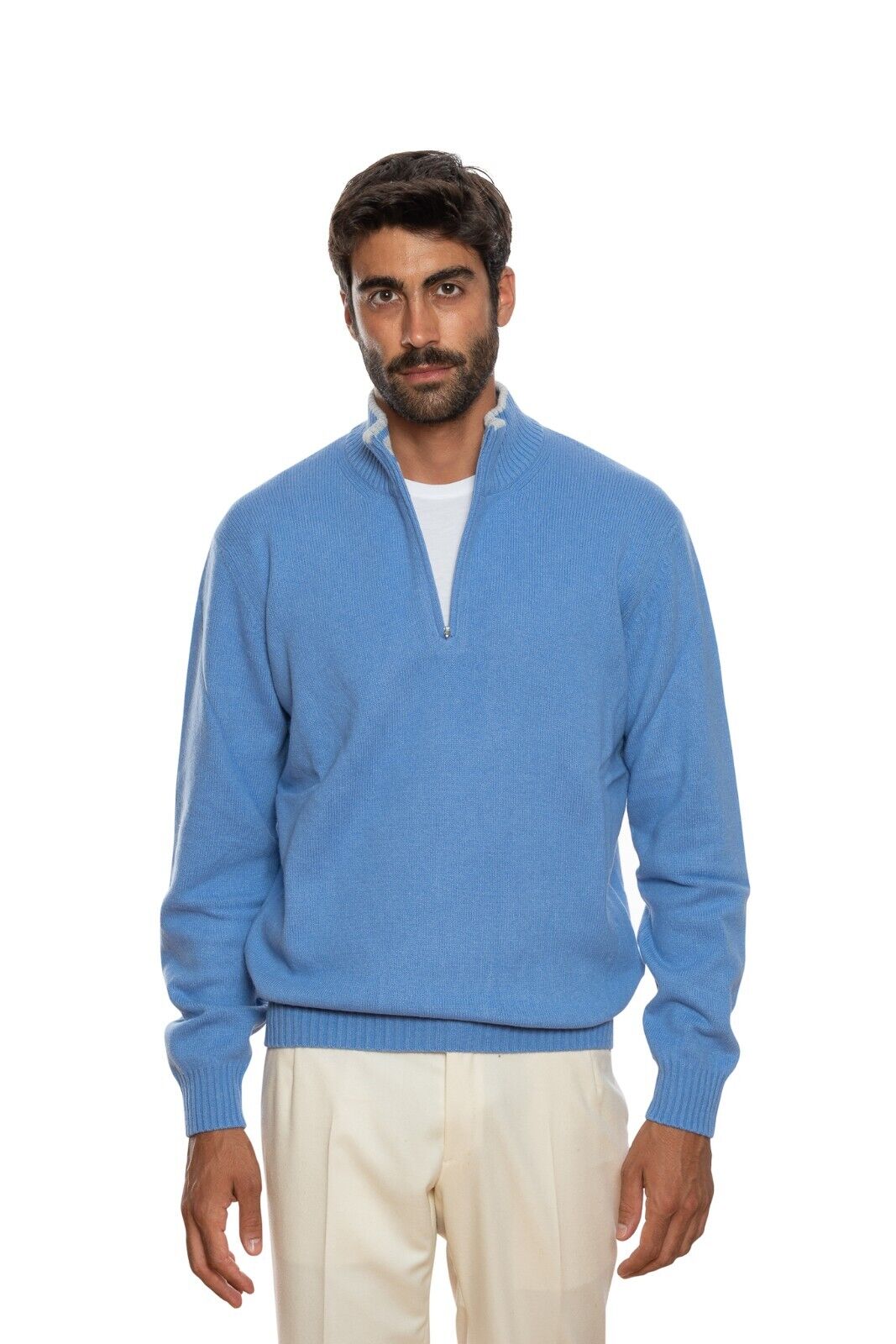 590$ DELLA CIANA CASHMERE Half Zip Sweater Merinos Wool / Cashmere Light Blue