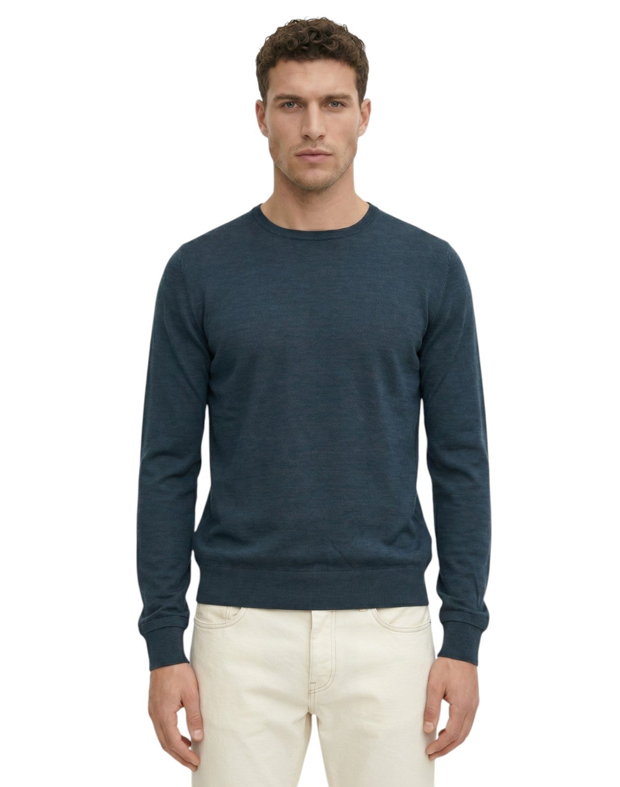 1100$ ISAIA NAPOLI Blue Petroleum Crewneck Sweater Fine Wool Tailored Fit