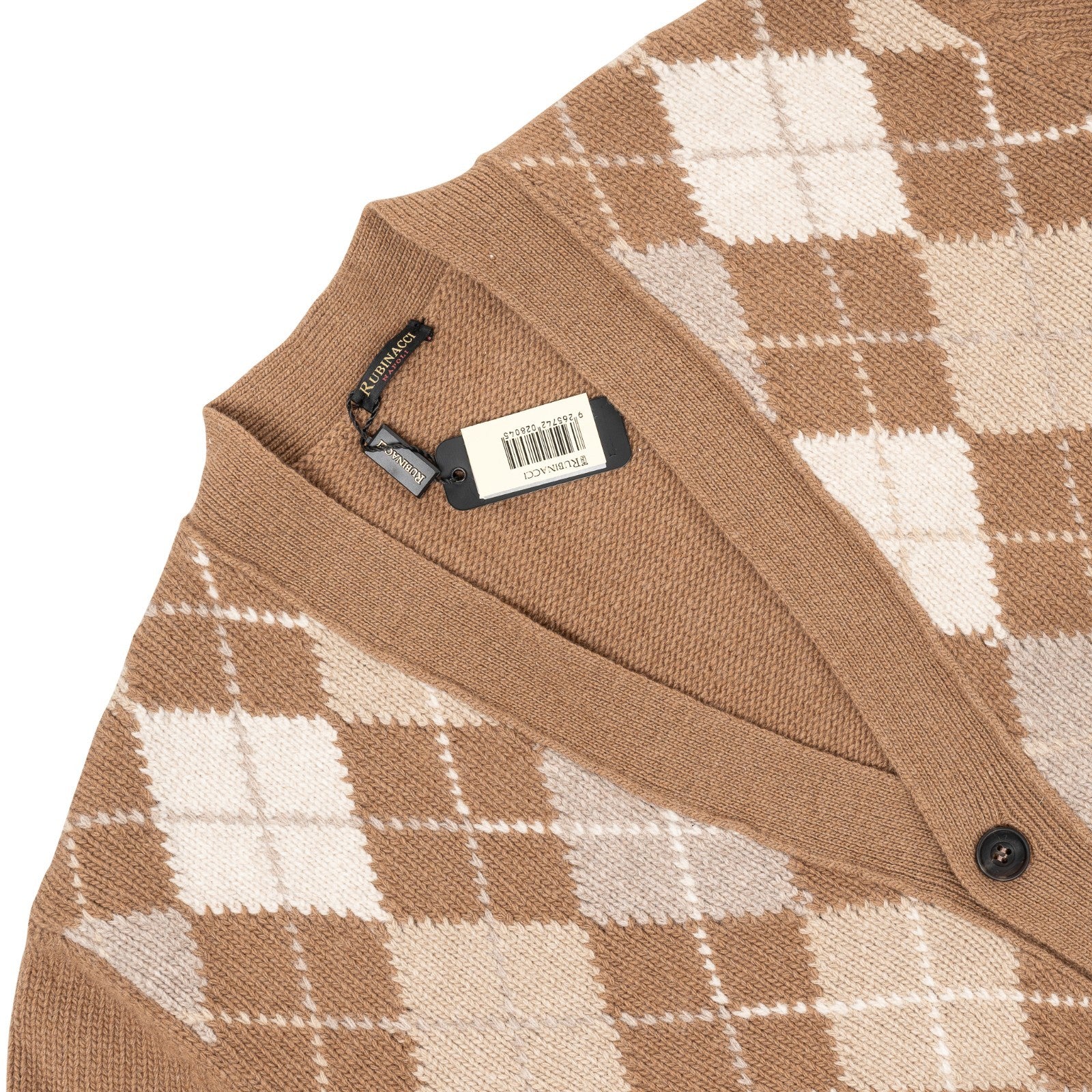 $950 RUBINACCI NAPOLI Beige Cardigan Jacket Argyle Check Merinos Wool