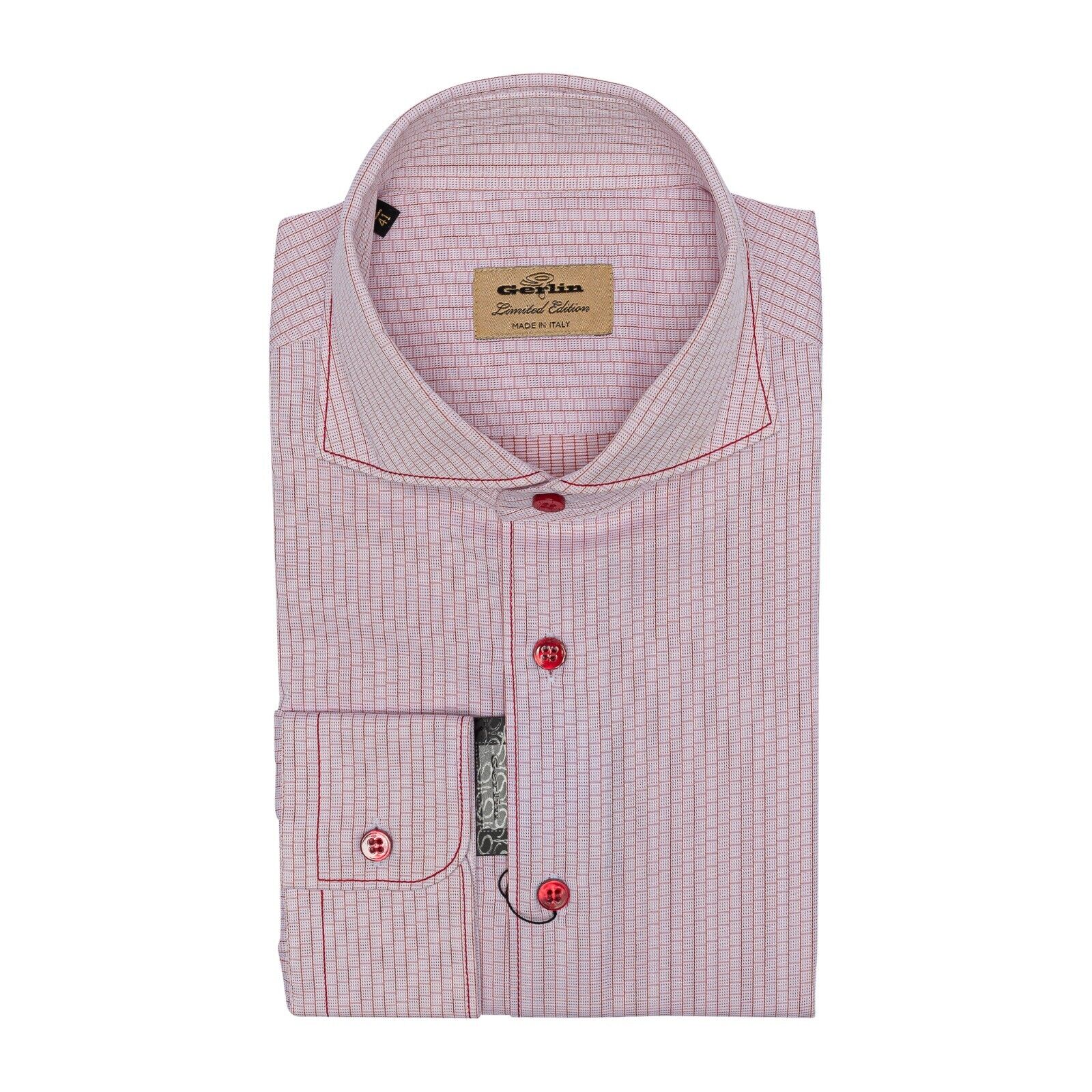 690$ LUXURY GERLIN Shirt Checks Red Jacquard Cotton 16 - 41  1H BIJAN