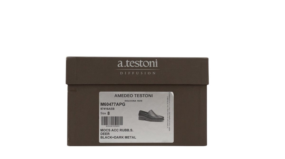1300$ TESTONI Mocs Loafer Shoes Deer + Dark Metal Black 8 UK / 9 US / 42 IT