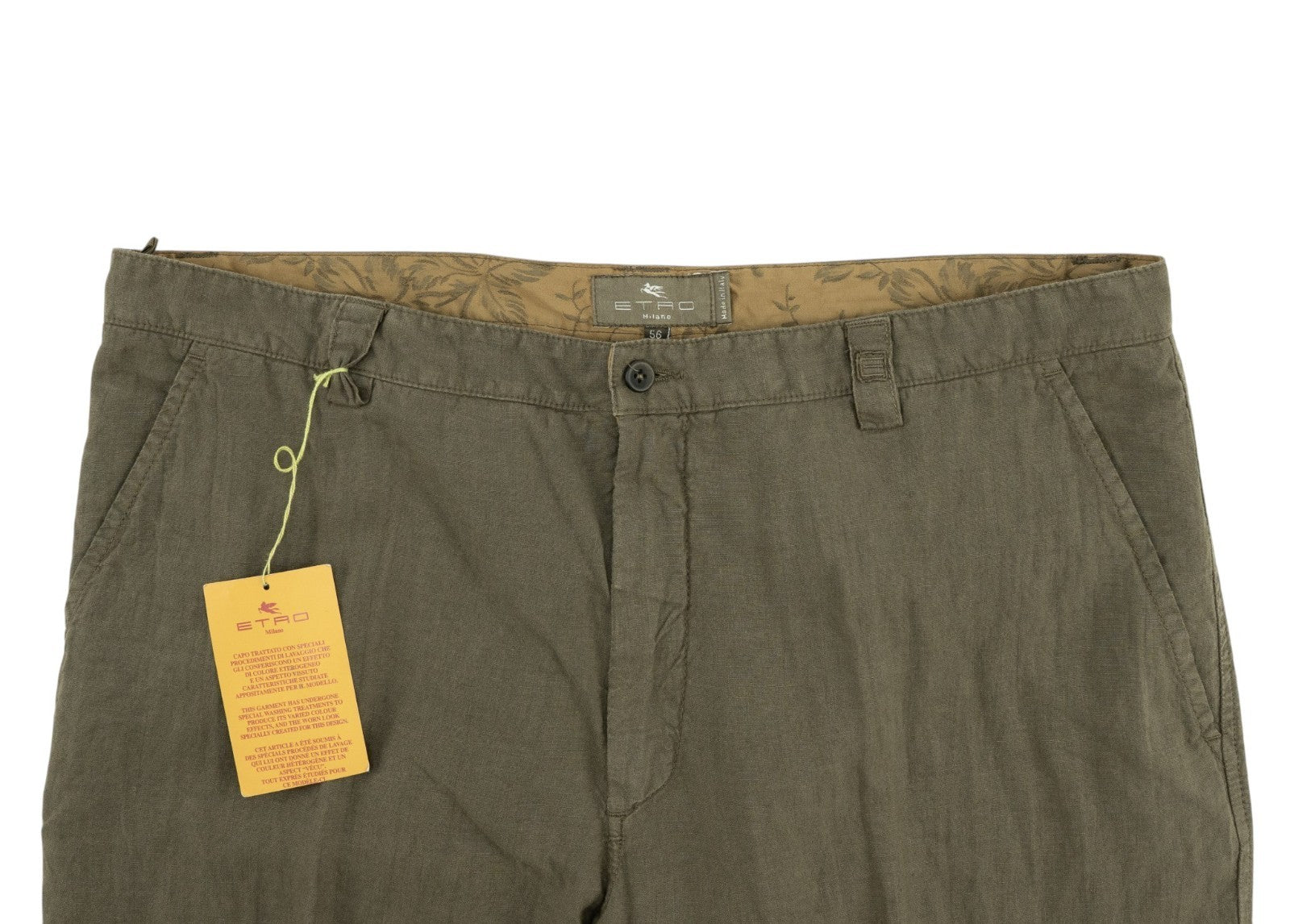 850$ ETRO MILANO Olive Green 100% Linen Pant Relaxed Straight 40 US / 56 EU
