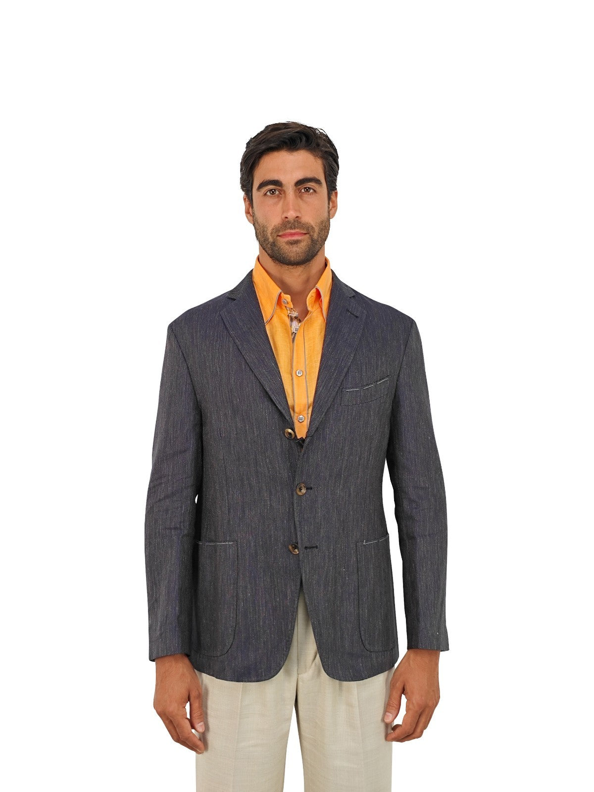 $1650 RUBINACCI Blue Herringbone Jacket Sport Coat Linen / Cotton 40 US / 50 EU