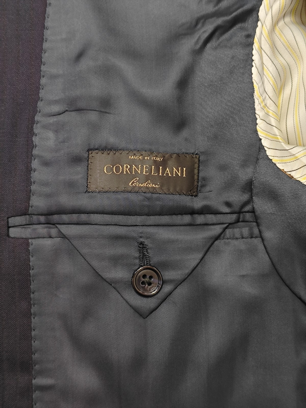 $1250 CORNELIANI Blue Navy Striped 3 Piece Suit Wool / Silk 36 US / 46 EU 7R