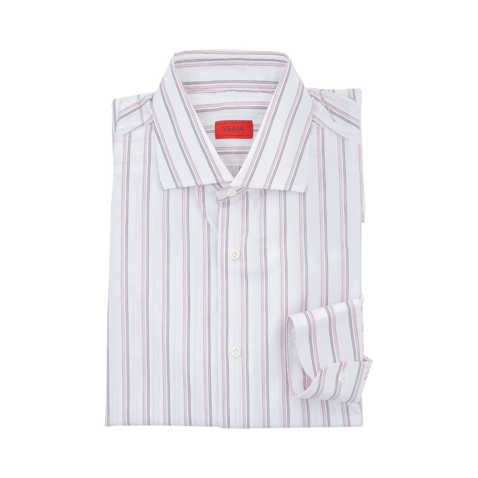 690$ ISAIA NAPOLI Striped White / Pink Hand-Sewn Sartorial Dress Shirt Cotton