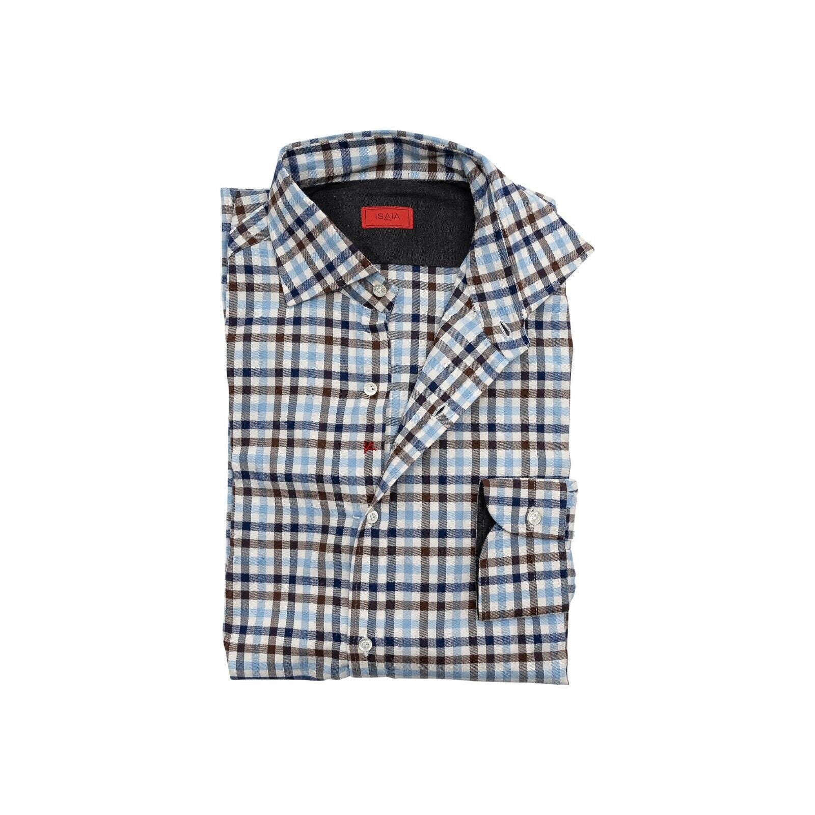 650$ ISAIA NAPOLI Blue / Brown Hand-Sewn Checks Shirt Flannel Cotton 15.5 - 39