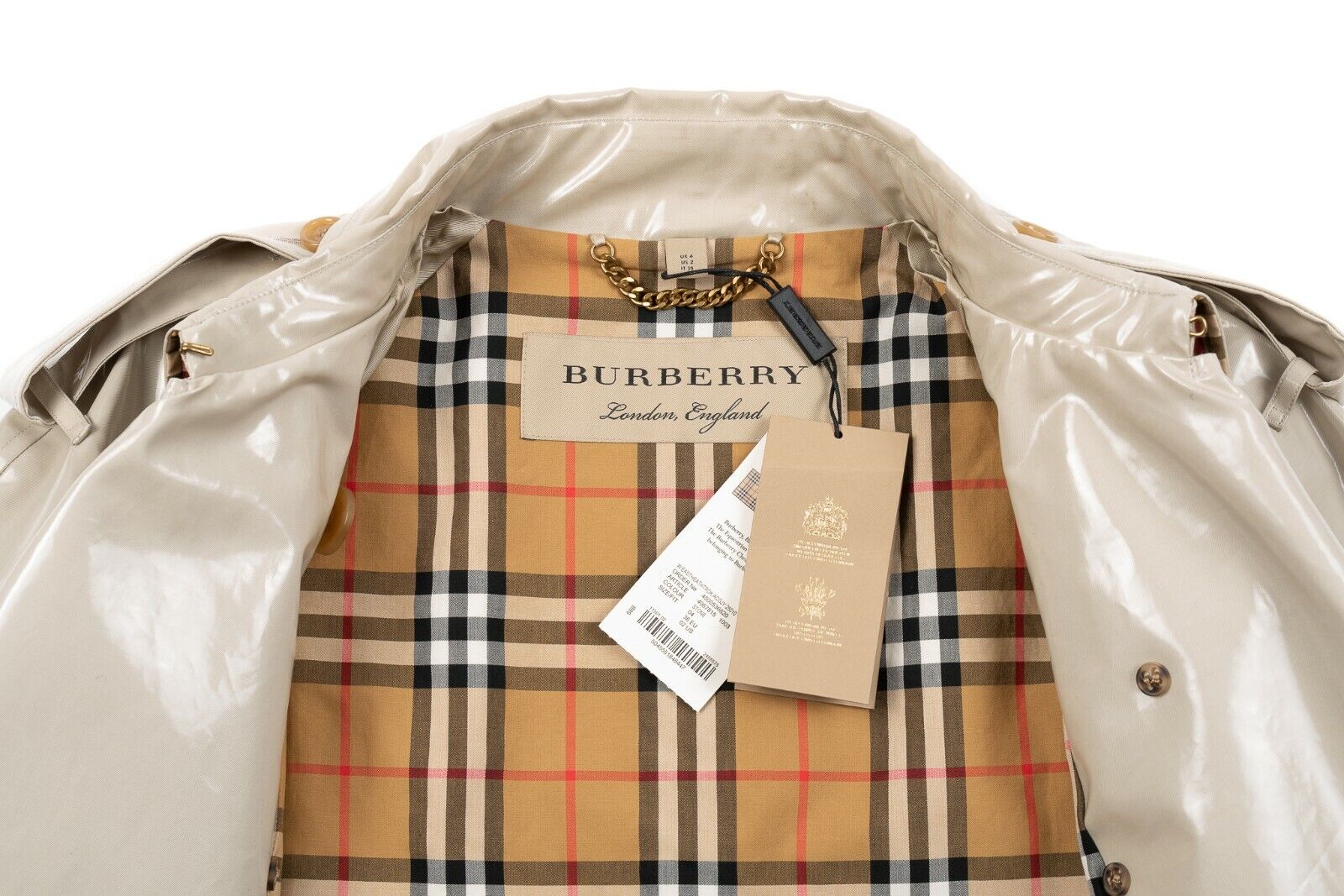 $2350 BURBERRY EASTHEATH Trench Coat Coated Cotton Check Laminated Stone