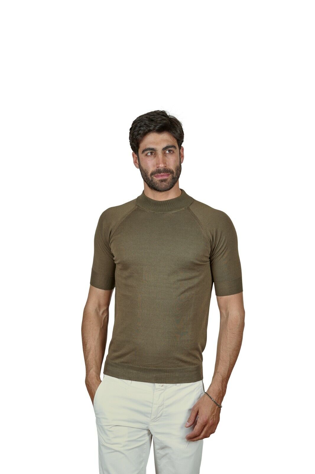240$ Italian Luxury MAURO GRIFONI Sweater Knit T-Shirt Cotton Military Green