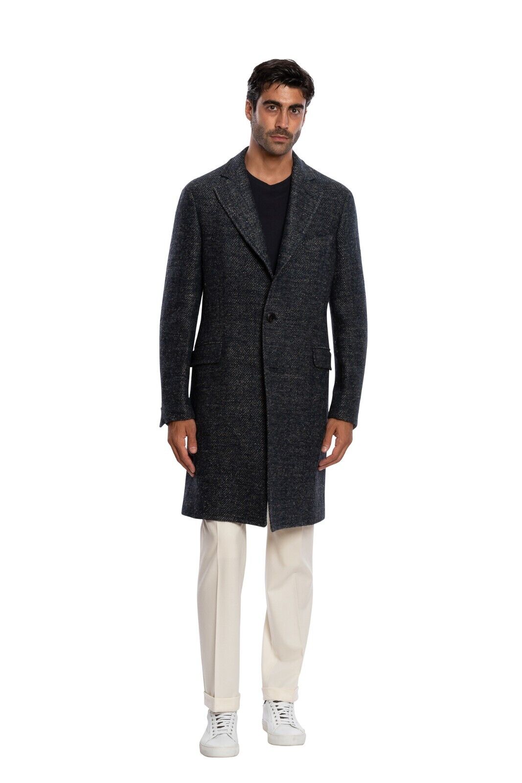 $2150 BOGLIOLI MILANO Single Braested Blue Coat K.Jacket TWEED Wool Herringbone
