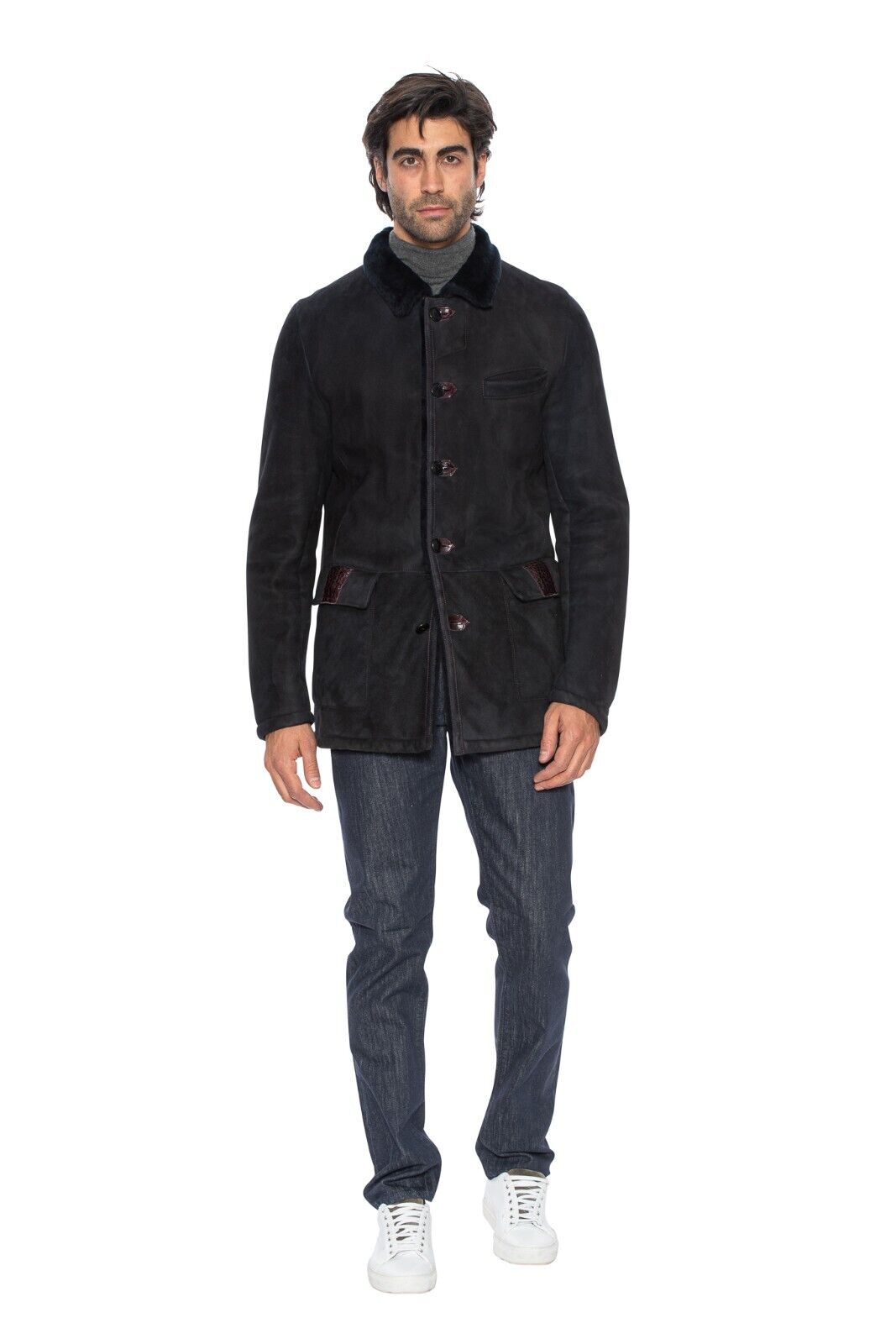 $11500 HETTABRETZ Dark Blue Leather Lambskin Fur Coat + Crocodile 40 US / 50 EU