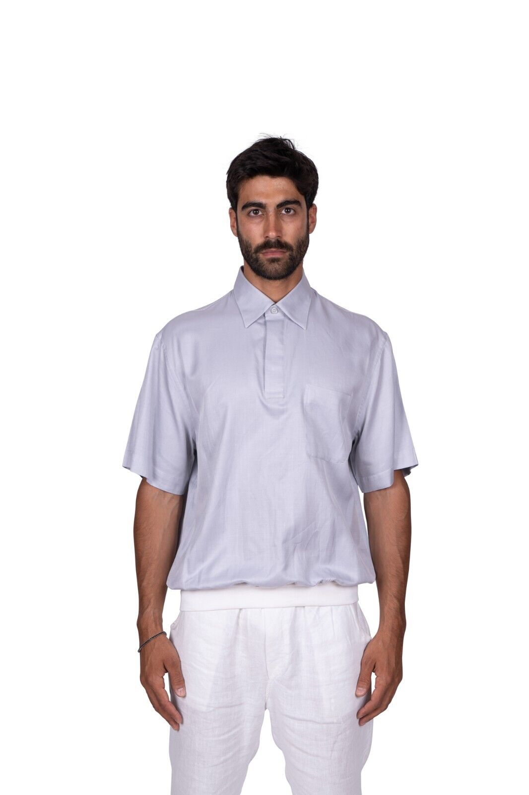 LUXURY 1200$ GERLIN Polo Sweater Grey Shiny ALUMO Cotton Size L BIJAN