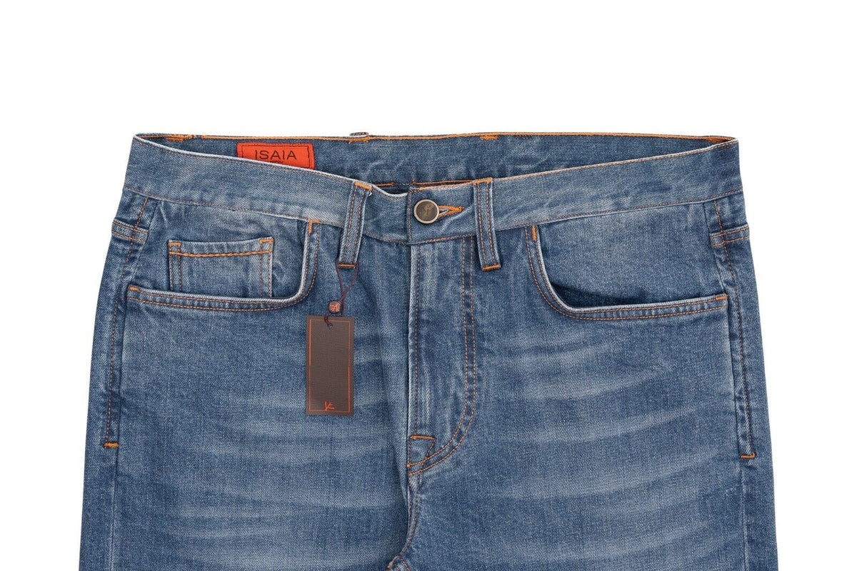 690$ ISAIA NAPOLI Blue Denim Slim Straight Jeans Trousers Pant Stretch Cotton