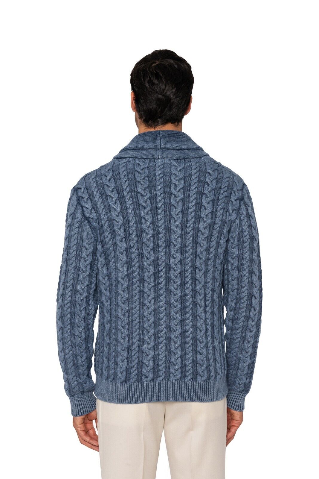 $1400 FEDELI CASHMERE Blue Cardigan Thick Merinos Wool Shawl Collar 40 US 50 EU