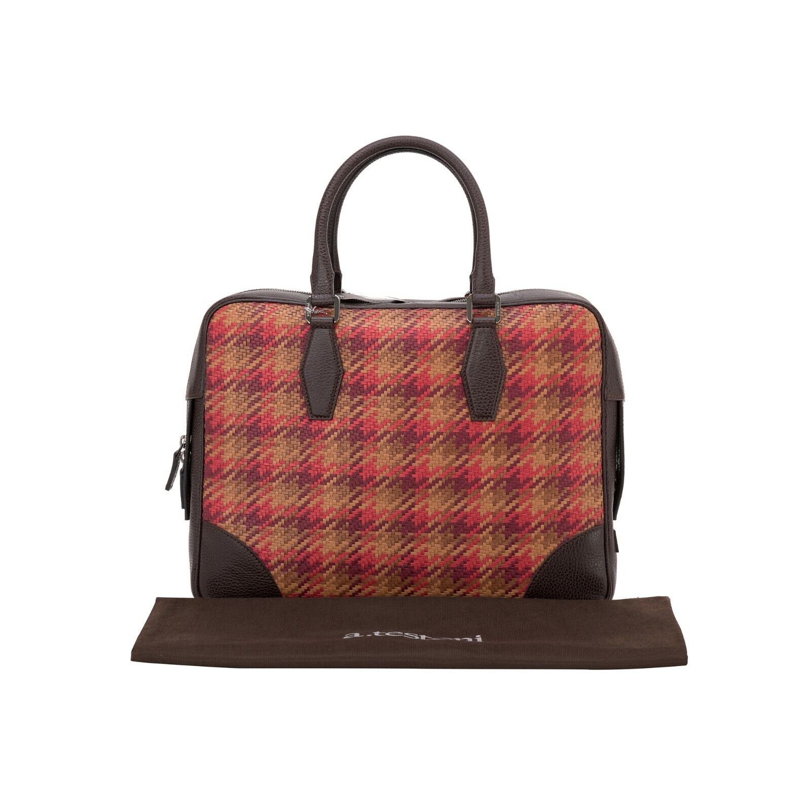 $1650 Testoni Bologna Brown Briefcase PC Case Bright Woven Karibu Calf