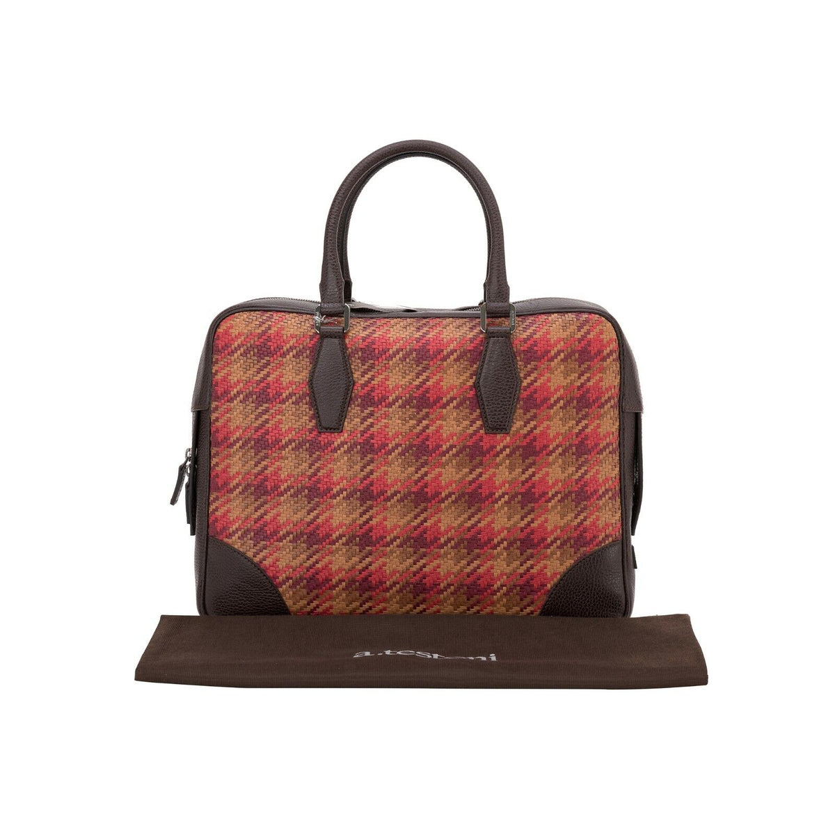 $1650 Testoni Bologna Brown Briefcase PC Case Bright Woven Karibu Calf