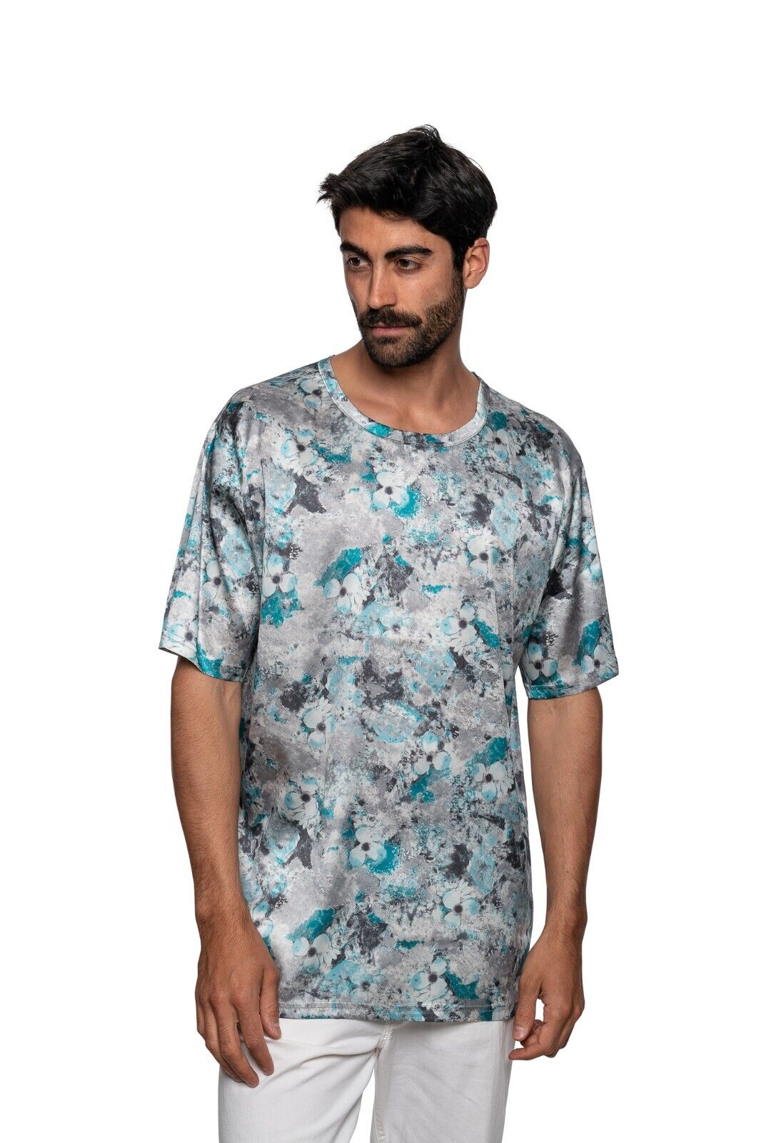 750$ ITALO FERRETTI T-Shirt "FLOWER" Gray/ Blue 100% Silk COMO XXL ZILLI