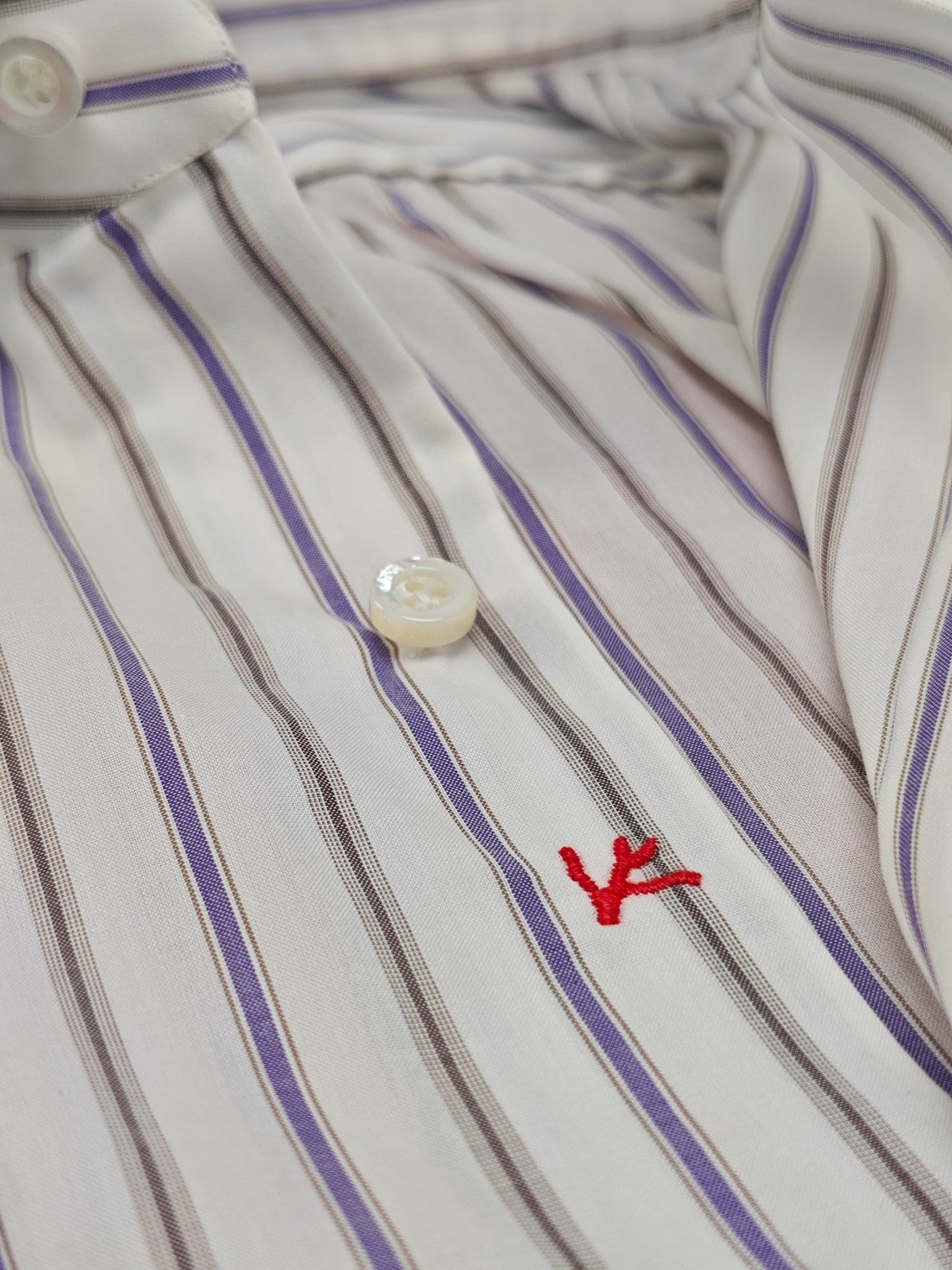730$ ISAIA NAPOLI "Mix" Dress Shirt White - Violet Striped Fine Cotton 15.5 - 39