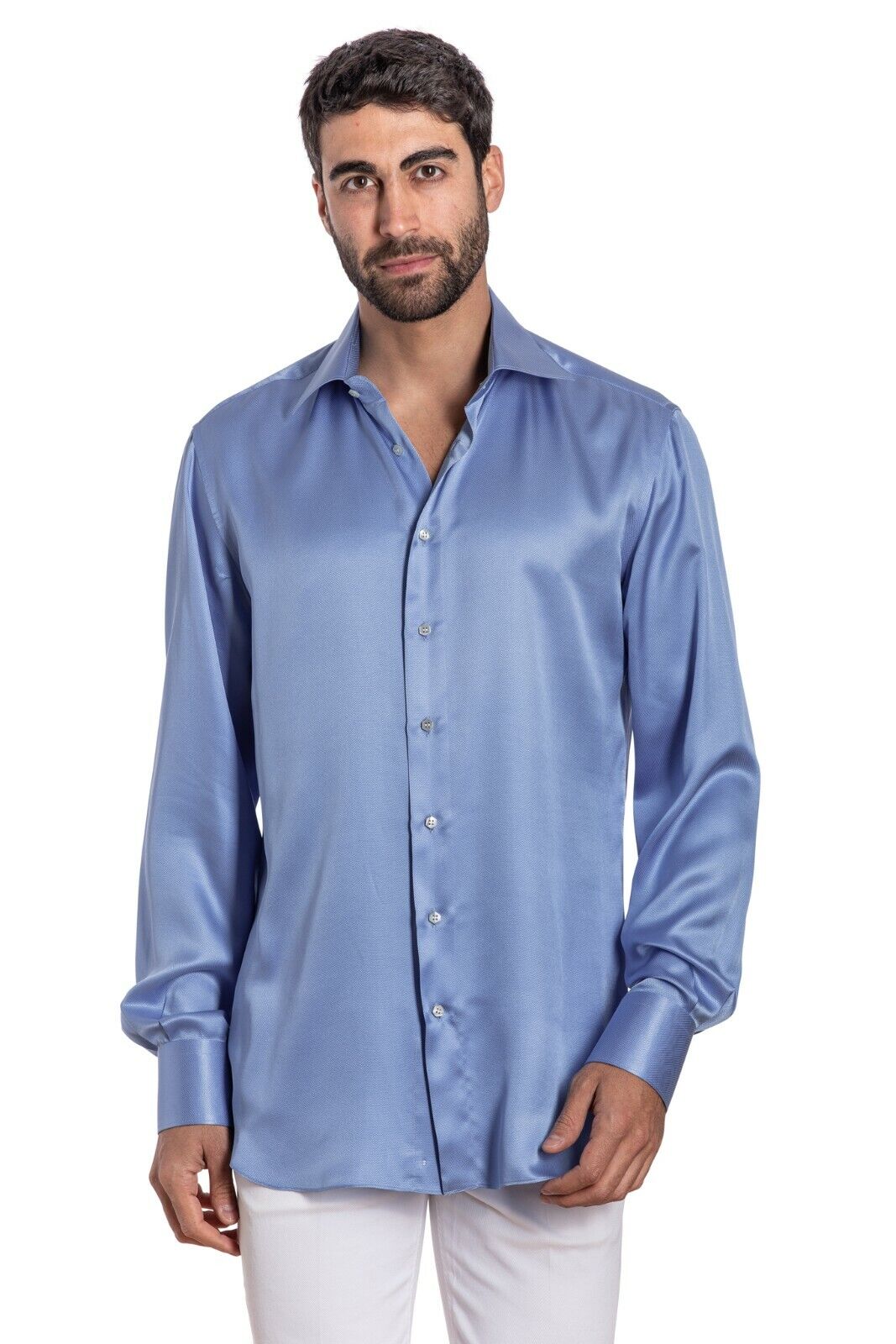 ITALIAN LUXURY 1400$ GERLIN Shirt Light Blue 100% Satin Silk ZILLI