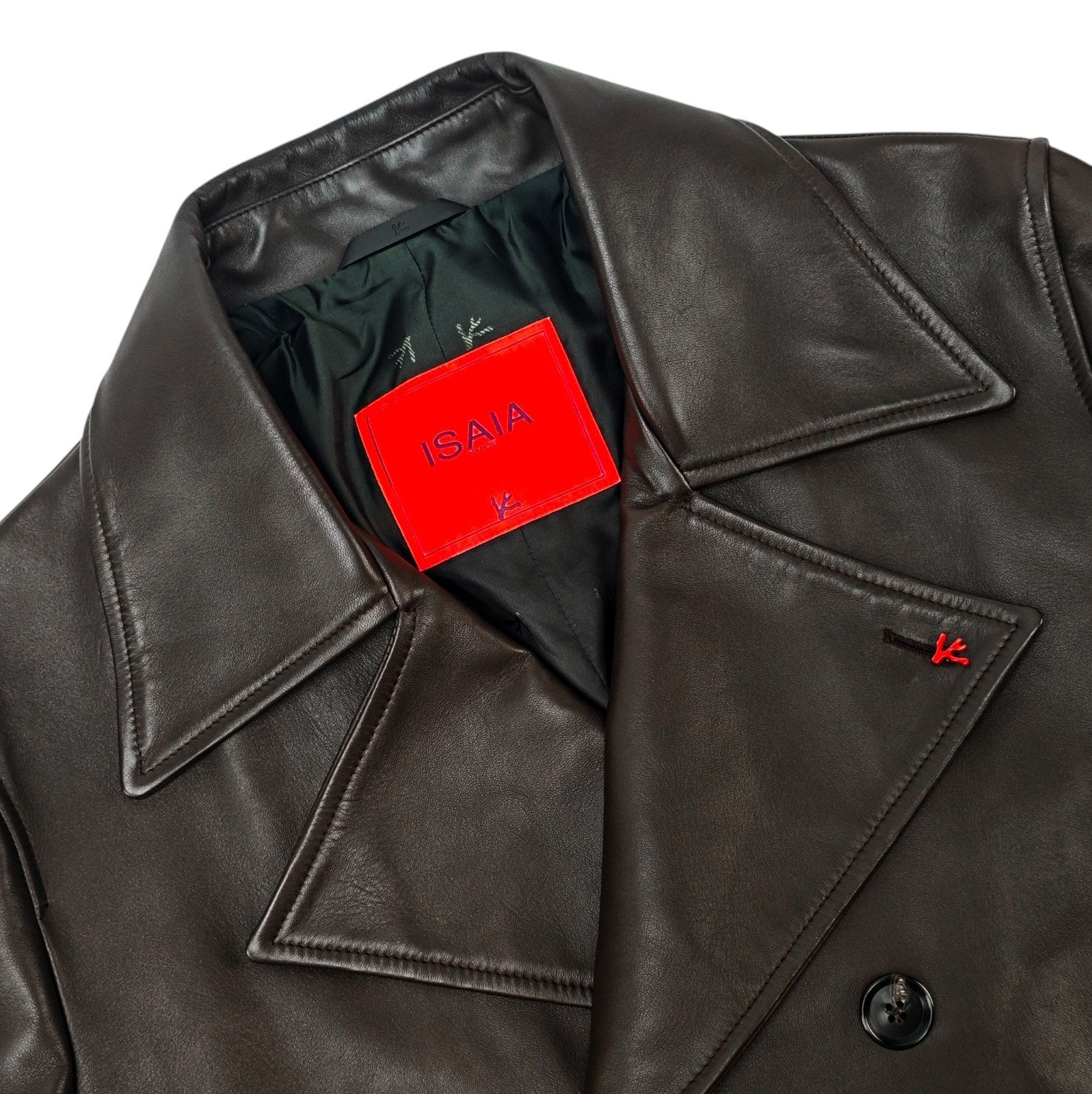 $7450 ISAIA Dark Brown Double Breasted Coat Lambskin Leather 44 US / 54 EU