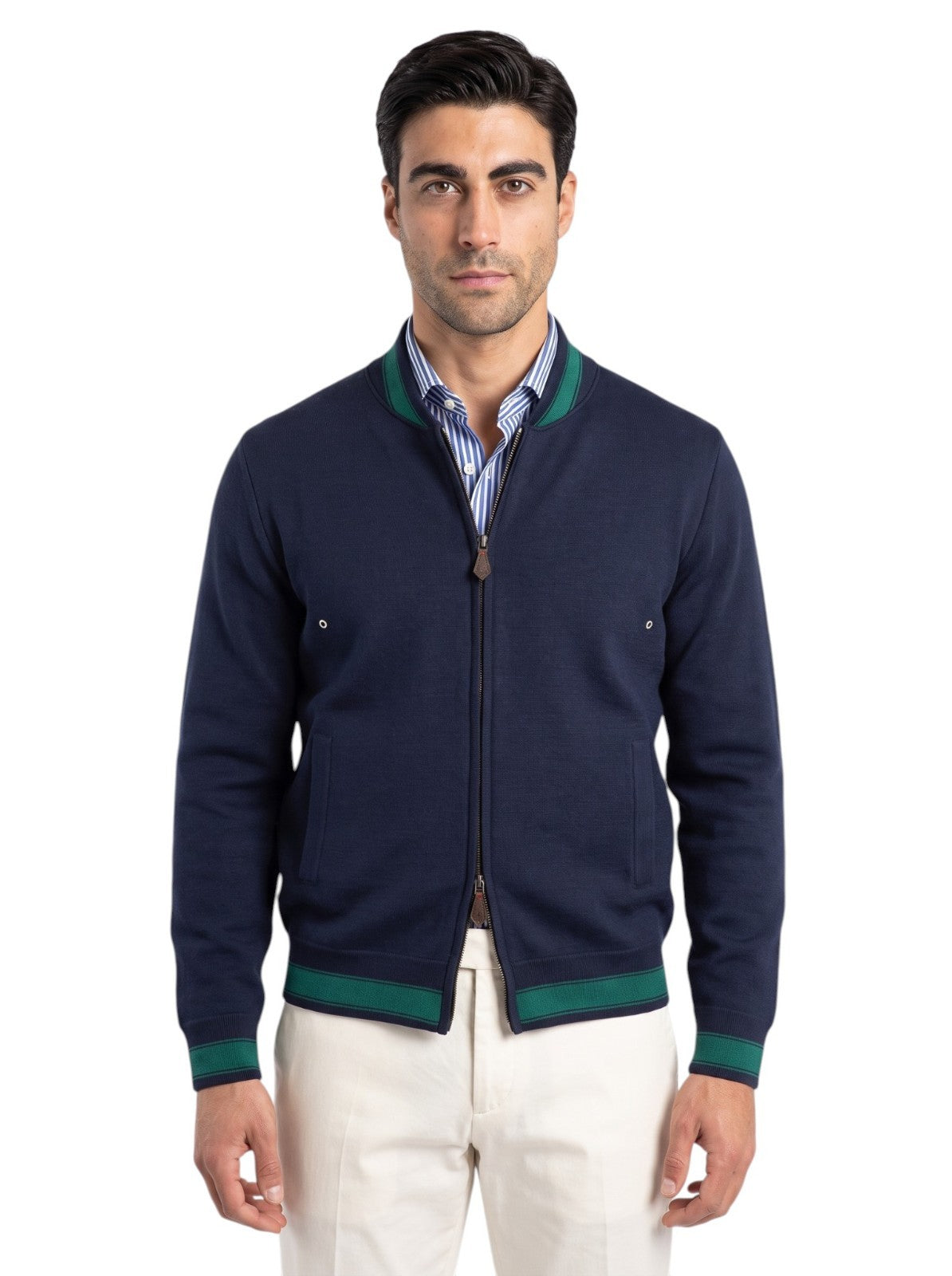$3200 ISAIA NAPOLI Blue Full Zip Bomber Jacket Wool Cashmere Silk Size XL