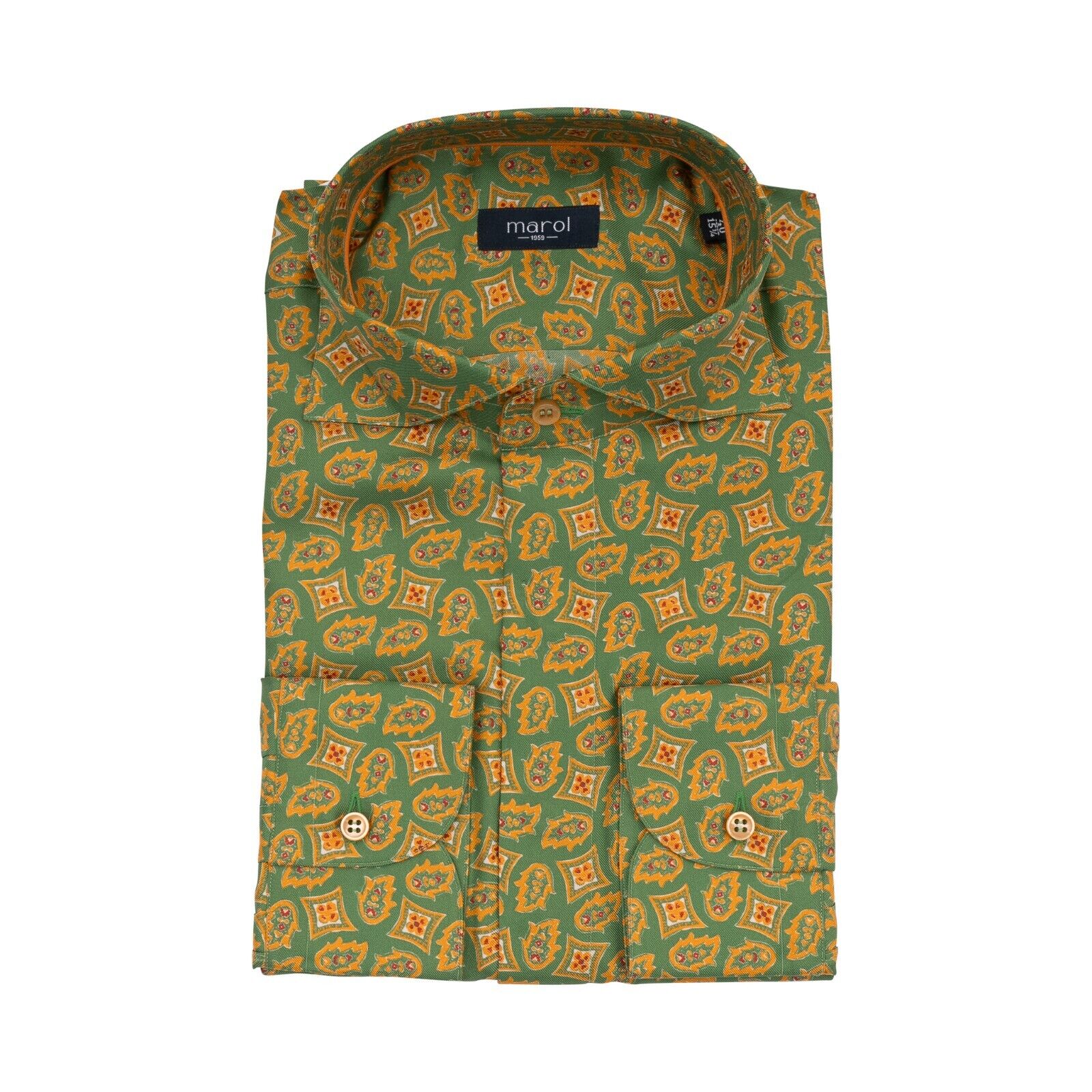 1400$ LUXURY MAROL BOLOGNA Geometric Shirt Green 100% COMO SILK Satin 15.75 - 40
