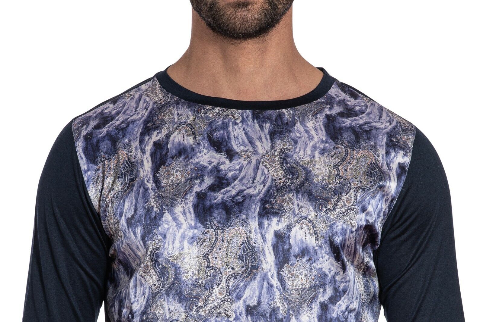 1400$ GERLIN T-Shirt Abstract Blue 100% Silk & Cotton Lisle Size M BIJAN