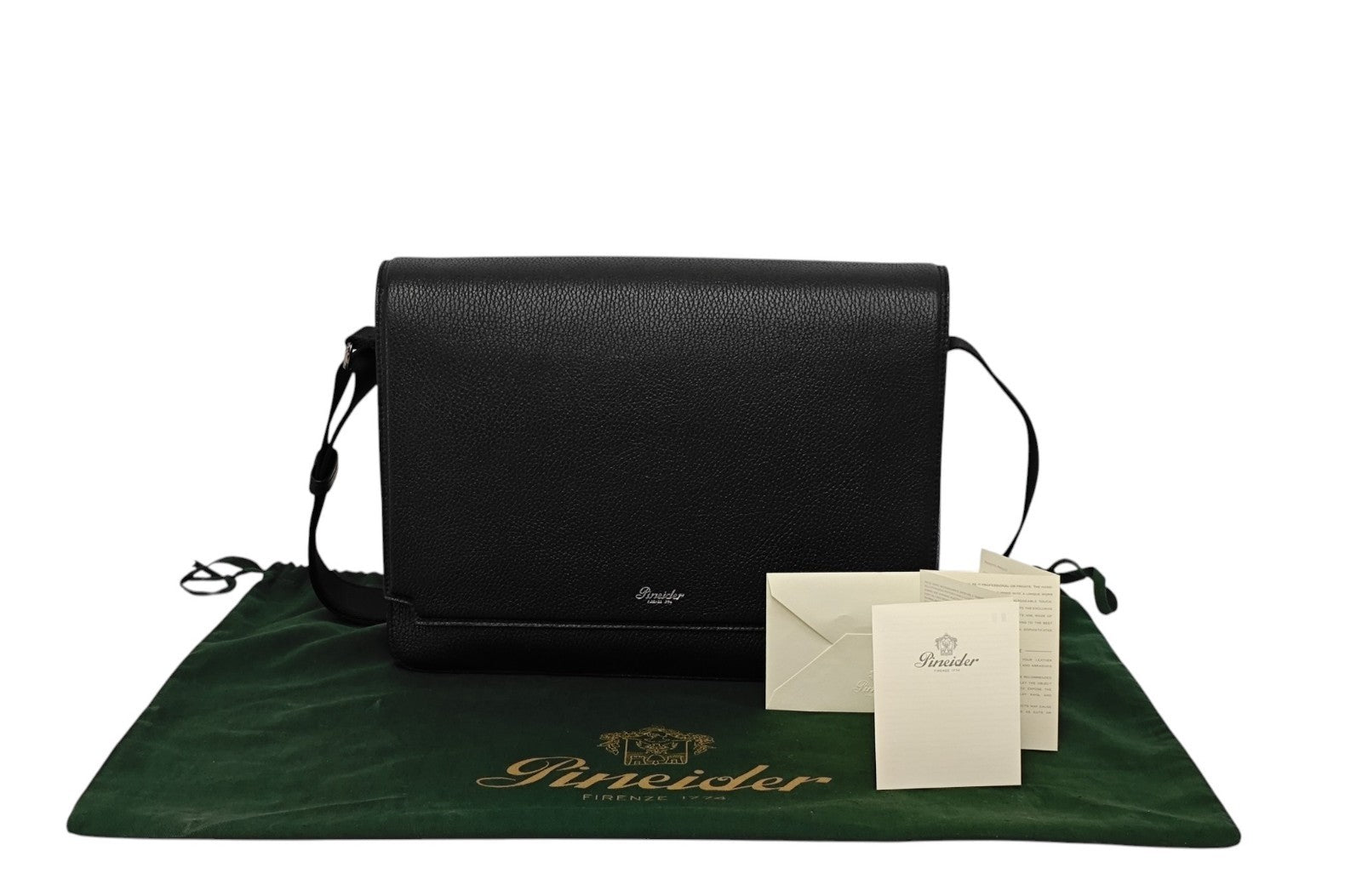 1050$ PINEIDER FIRENZE 1774 "Bottolato" Black Grain Calf Work Messenger Bag