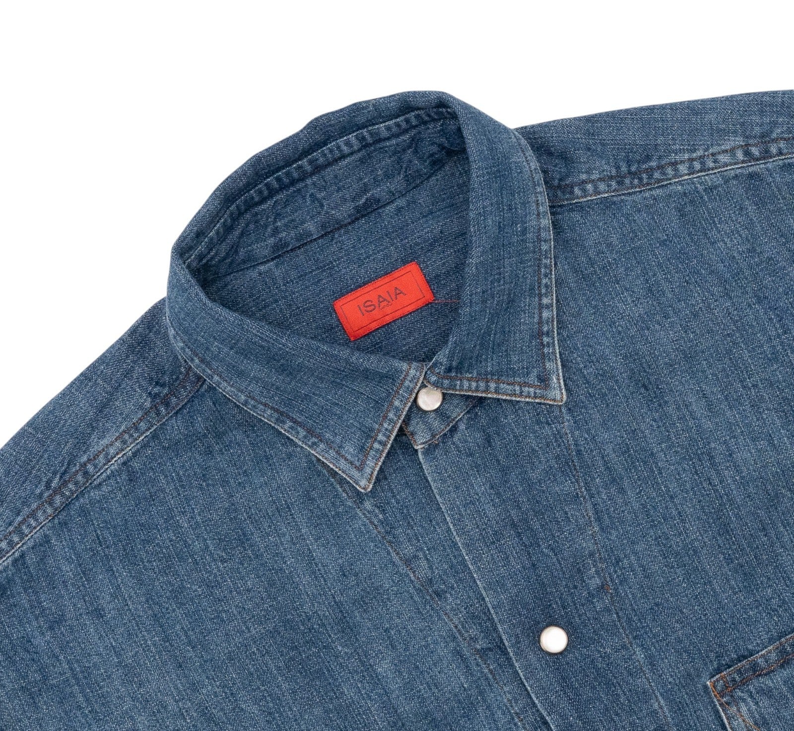 730$ ISAIA NAPOLI Denim Western Shirt Hand-Sewn Blue Cotton 15.5 - 39
