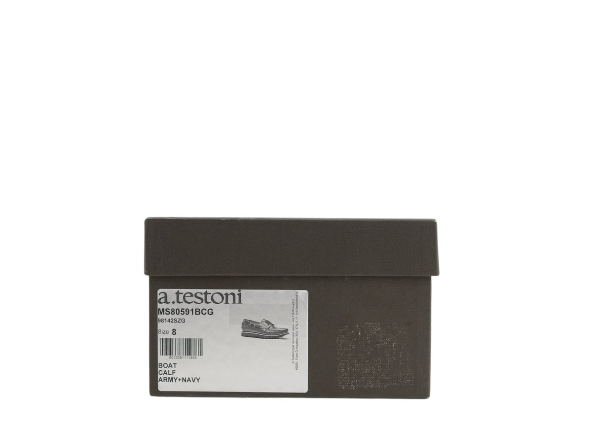900$ TESTONI Boat Loafer Shoes Calf Green Army Blue Navy 8 UK / 9 US / 42 IT