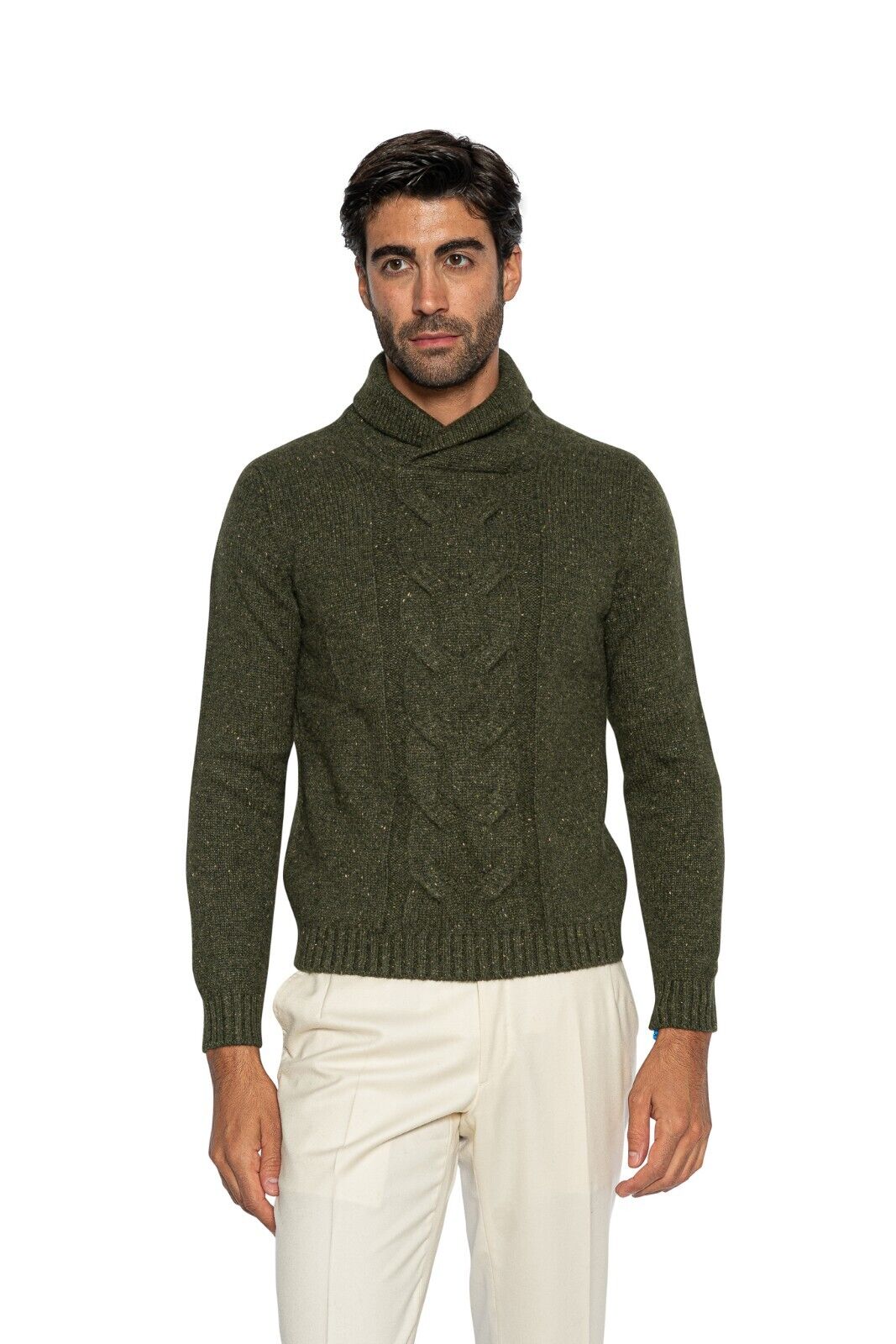 $1350 FEDELI CASHMERE Green Sweater Thick 100% Cashmere Shawl Collar 36 US 46 EU