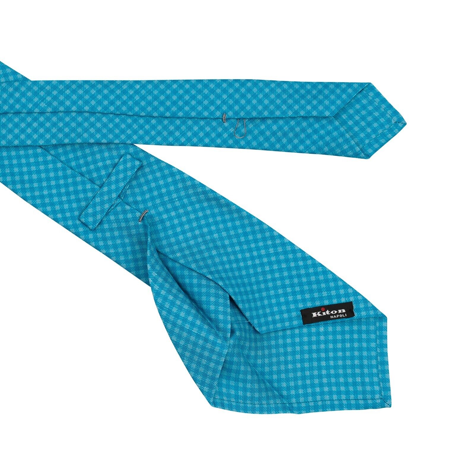 $330 KITON NAPOLI 7 - Fold Tie Checks Blue Silk / Linen 148cm - 8.5cm