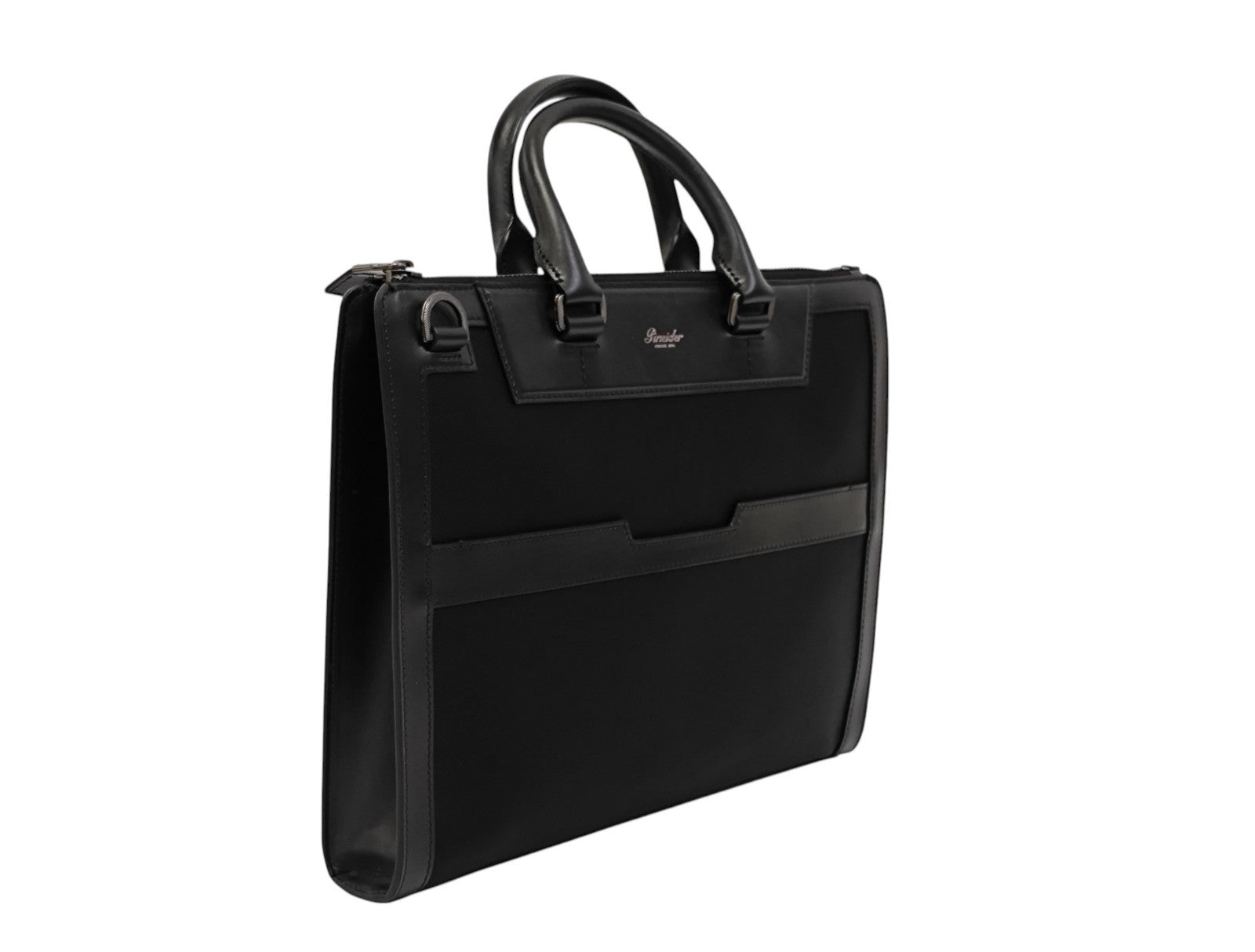 1480$ PINEIDER FIRENZE 1774 Black Nylon & Calf Slim Briefcase Bag Document Case