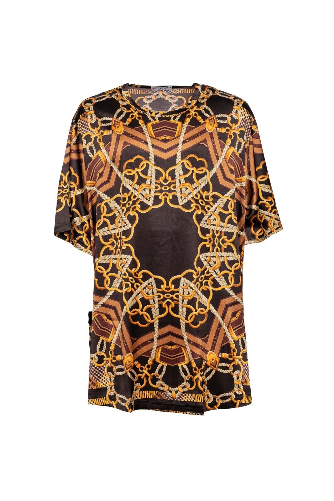 750$ FABIO CAVIGLIA T-Shirt "TUNIC" Brown Chains 100% Silk COMO STRETCH Size XXL