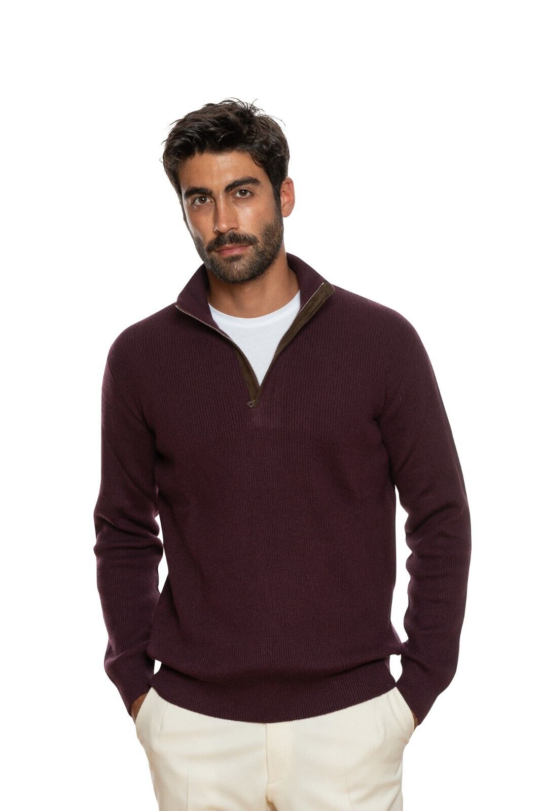 950$ DELLA CIANA CASHMERE Half Zip Sweater 100% Cashmere + Leather 42 US / 52 EU