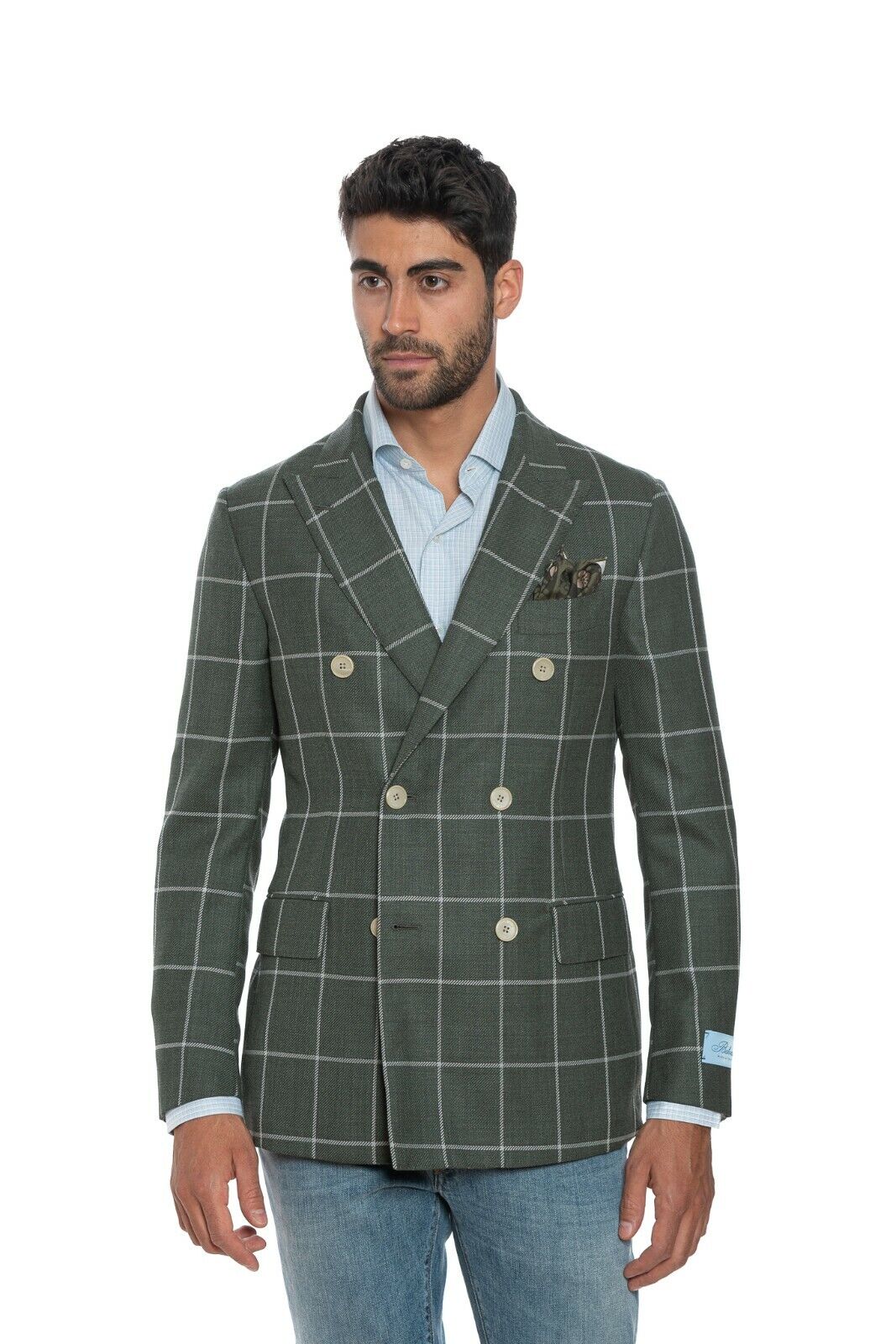 2200$ BELVEST Sartorial Double Breasted Jacket Green Check Wool Super Slim Fit
