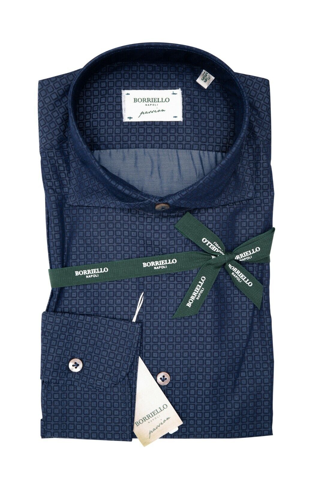 BORRIELLO NAPOLI Blue Geometric Shirt Cotton Denim Hand-Sewn in Italy Slim Fit