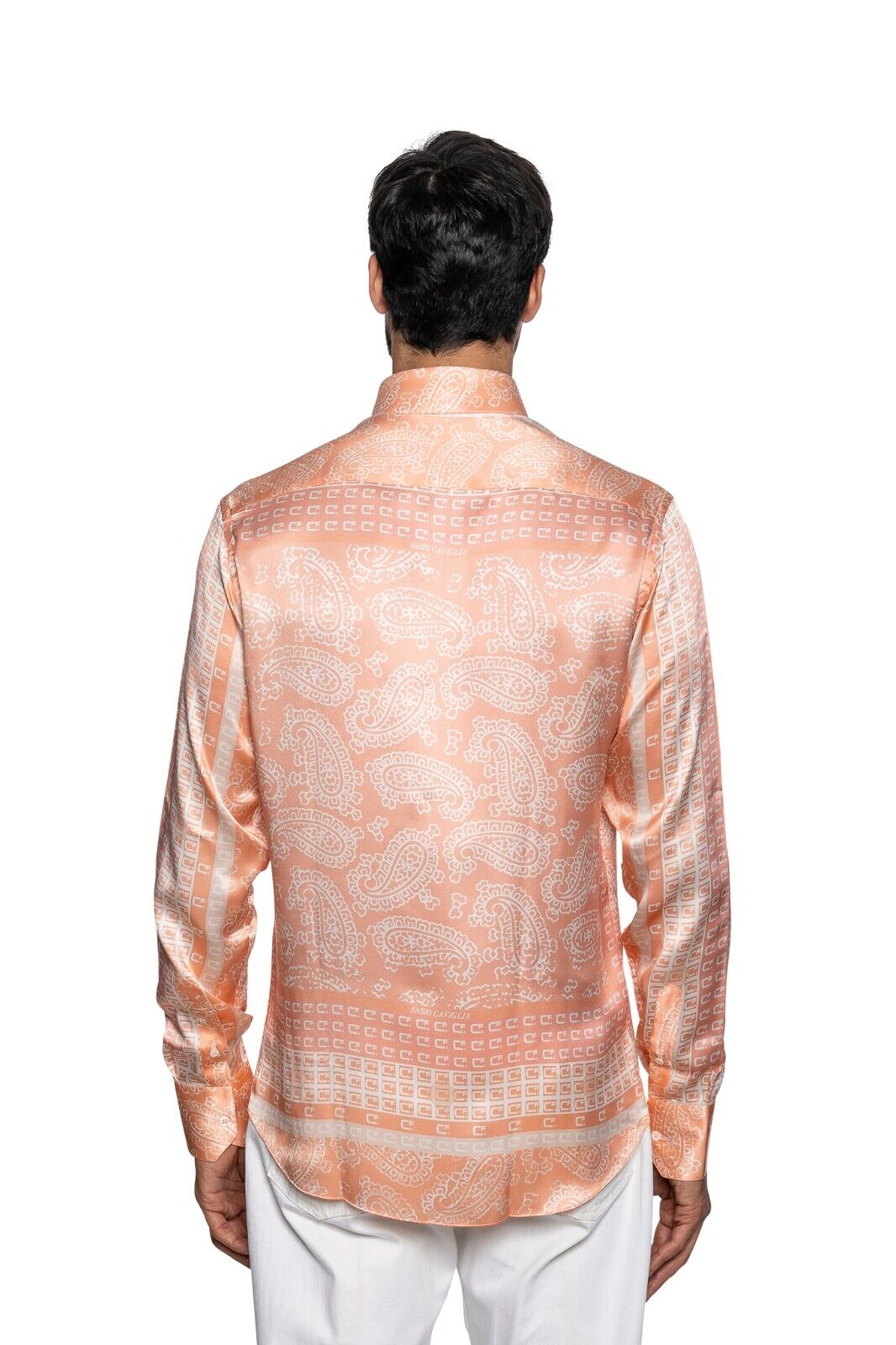 1900$ ITALIAN LUXURY FABIO CAVIGLIA Shirt Salmon "CF " 100% Silk Size M