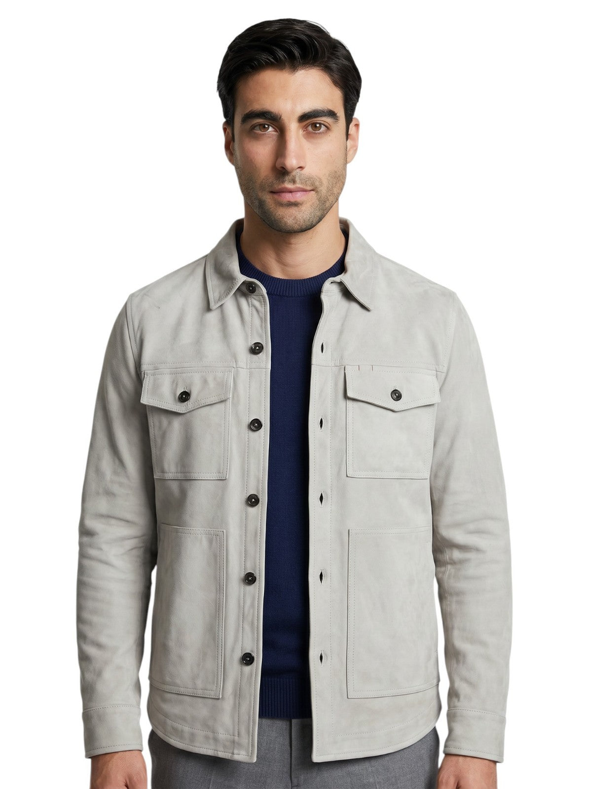 5500$ ISAIA NAPOLI Ice Gray Overshirt Jacket 100% Suede Lambskin Leather