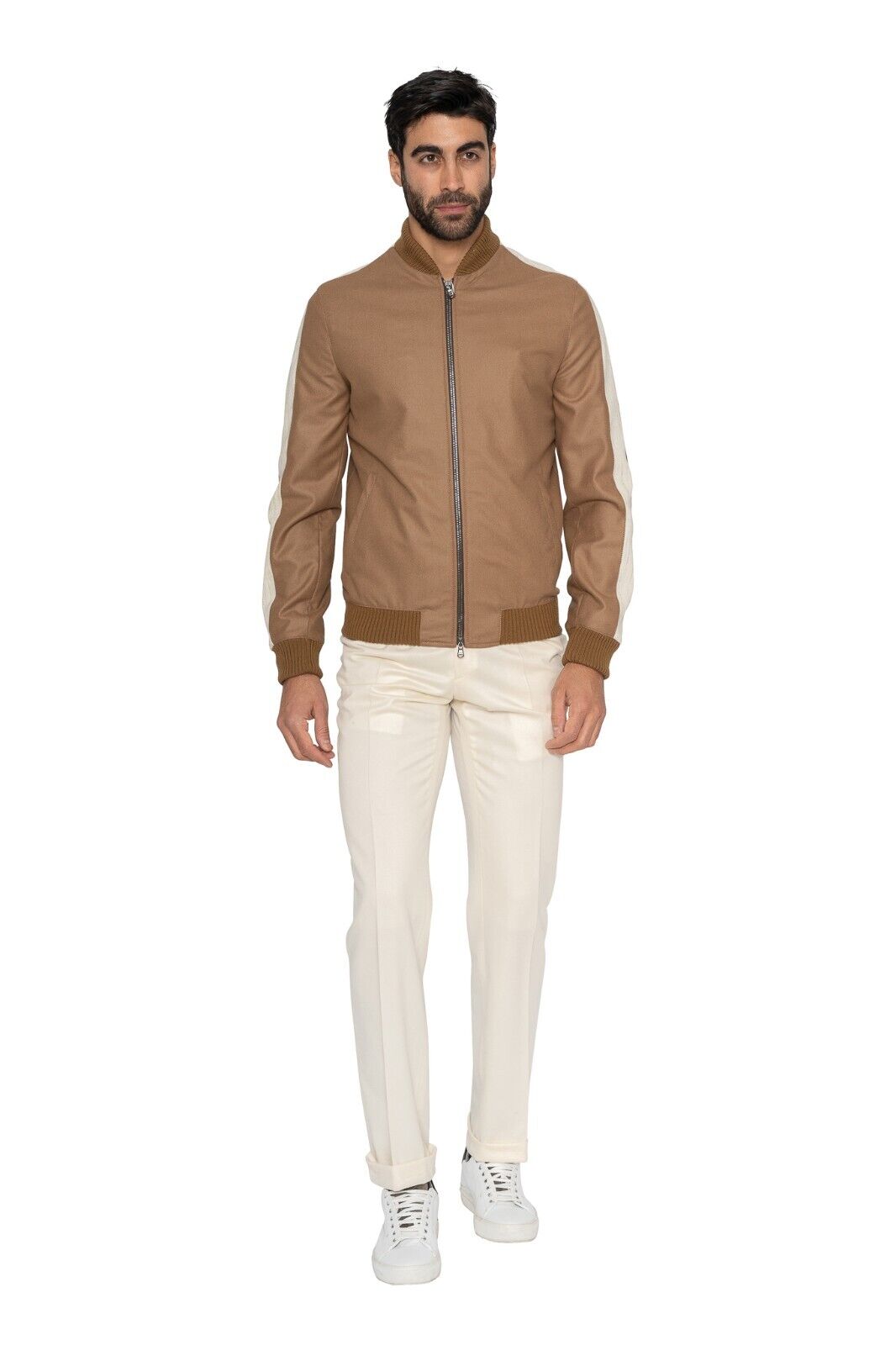 $1900 EIDOS by ISAIA NAPOLI Beige Bomber Jacket Wool Twill 38 US / 48 EU - Slim