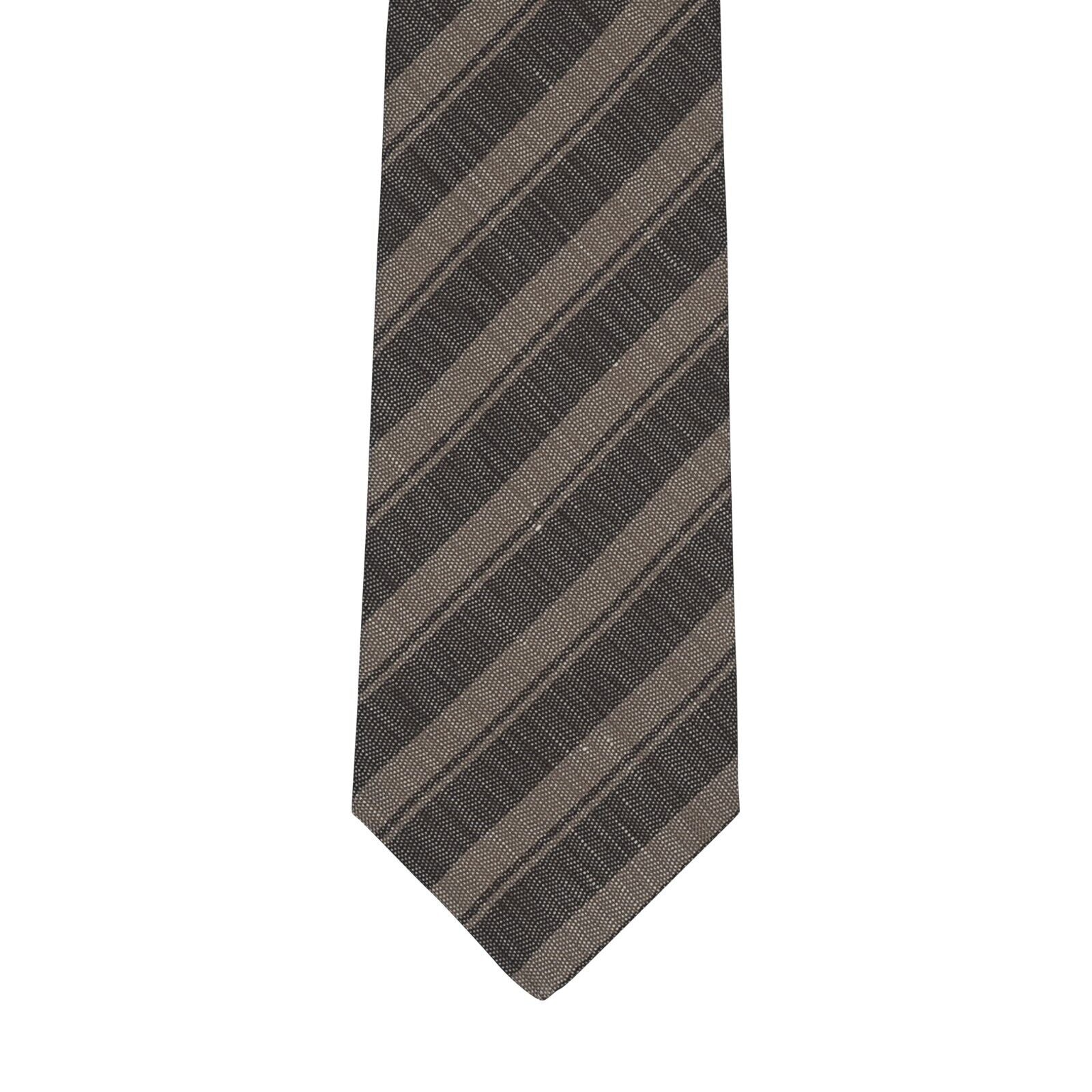 $330 KITON NAPOLI 7 - Fold Tie Regimental Gray Brown Silk / Linen 148cm - 8.5cm
