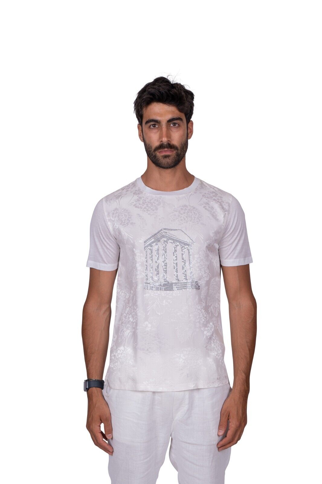 2200$ FABIO CAVIGLIA "ATHENA TEMPLE" T-Shirt Silk + Cotton + Swarovski Size M