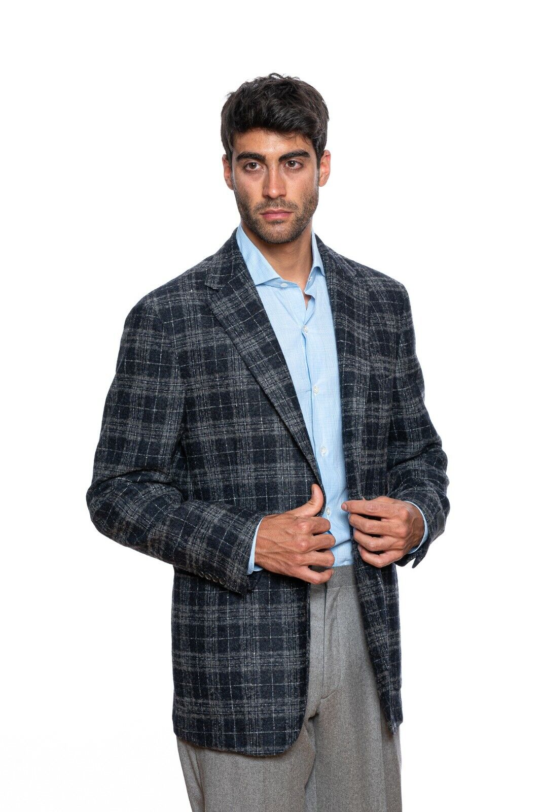 $2190 BELVEST Gray Blue Check Baby Alpaca Wool Jacket 44 US / 54 EU Drop 7R