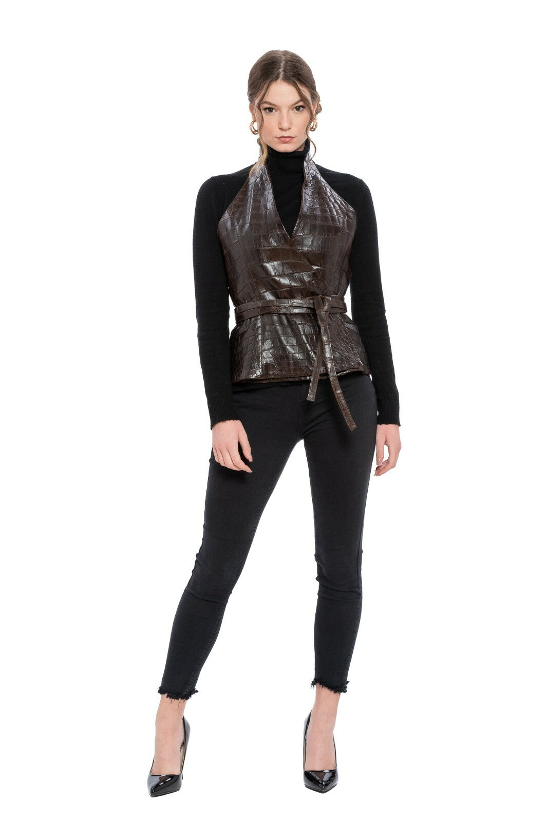 13,000$ BILANCIONI Brown Woman Real Crocodile Jacket "TAMPONATO" 40 IT / 4 US